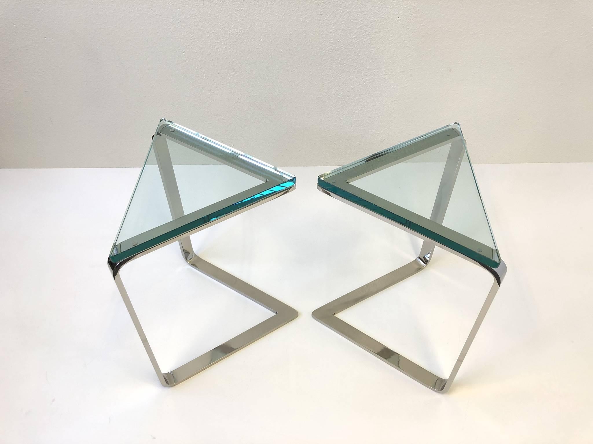 Pair of Polish Nickel and Glass Triangular Shape Side Tables In Excellent Condition In Palm Springs, CA