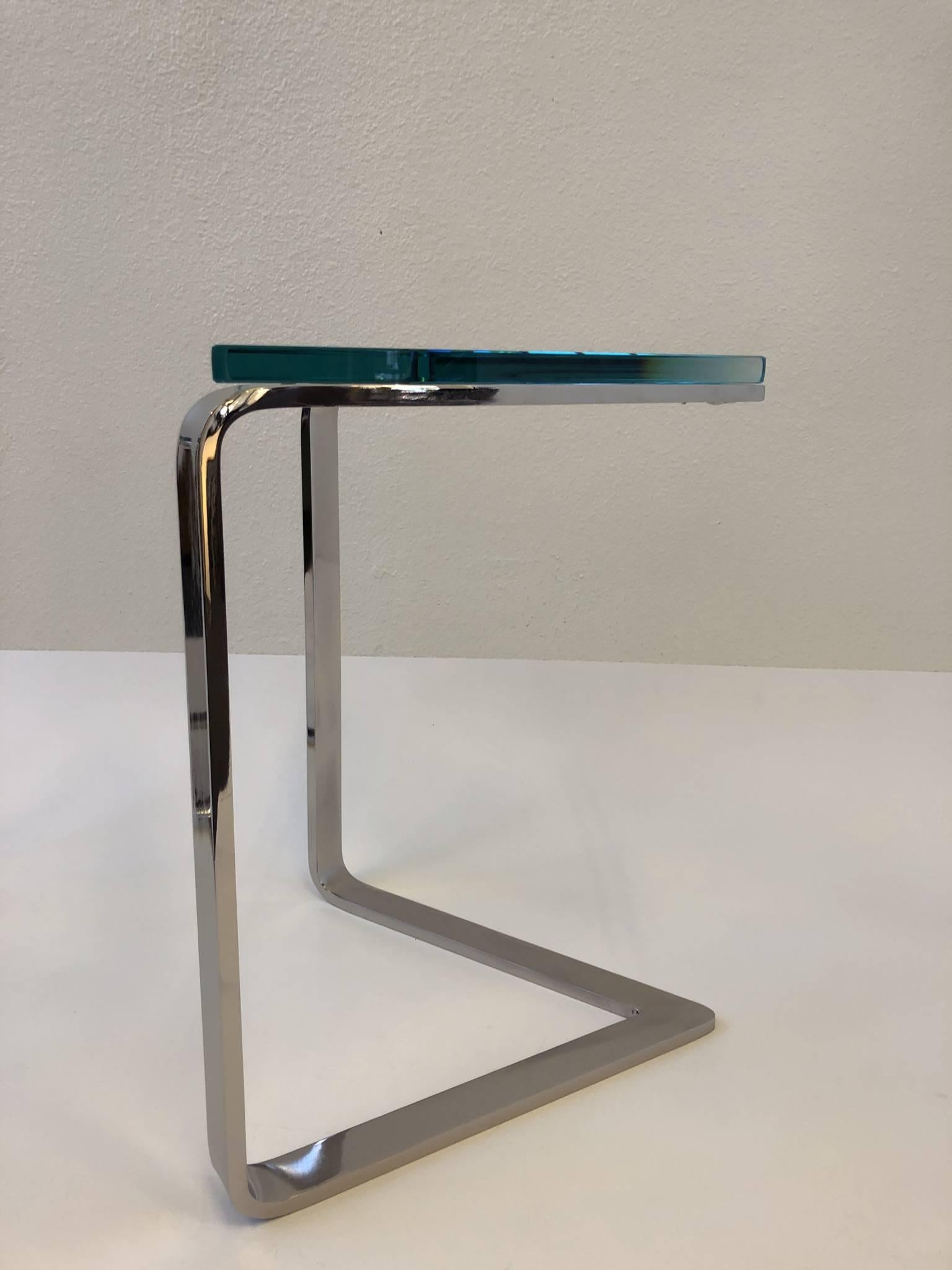 Late 20th Century Pair of Polish Nickel and Glass Triangular Shape Side Tables