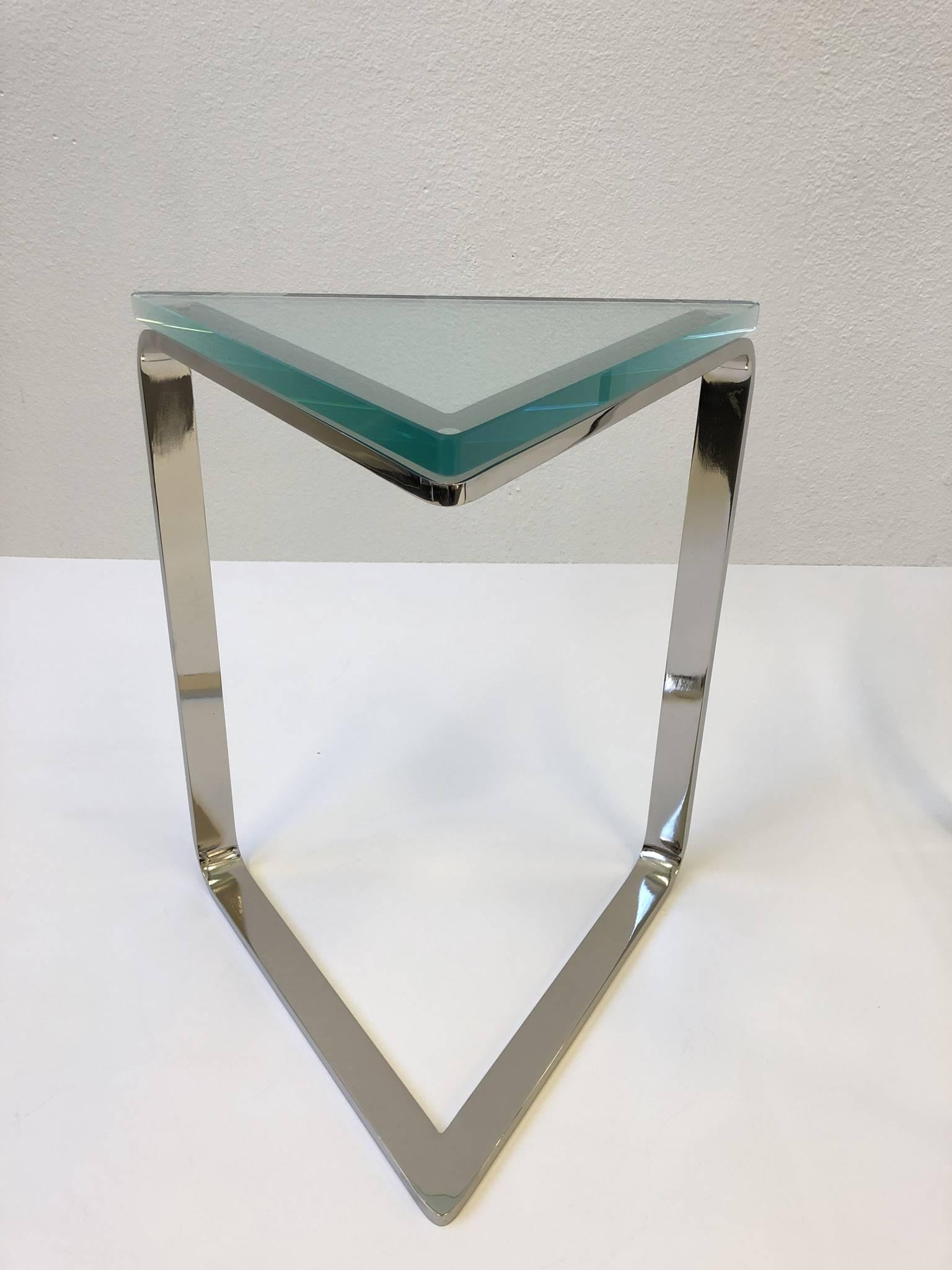 Pair of Polish Nickel and Glass Triangular Shape Side Tables 1