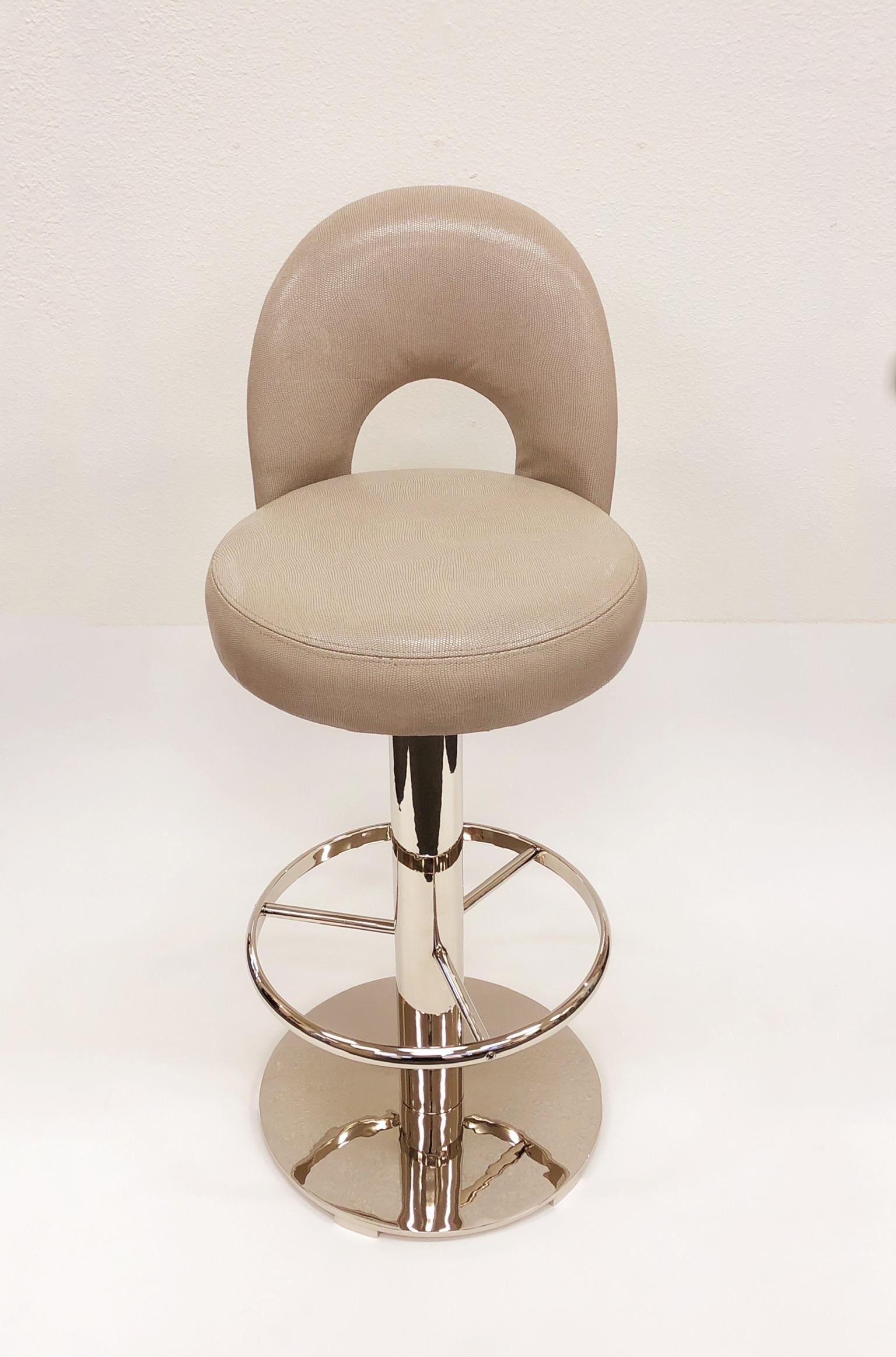 Pair of Polish Nickel and Leather Swivel Bar Stools by Charles Hollis Jones 3