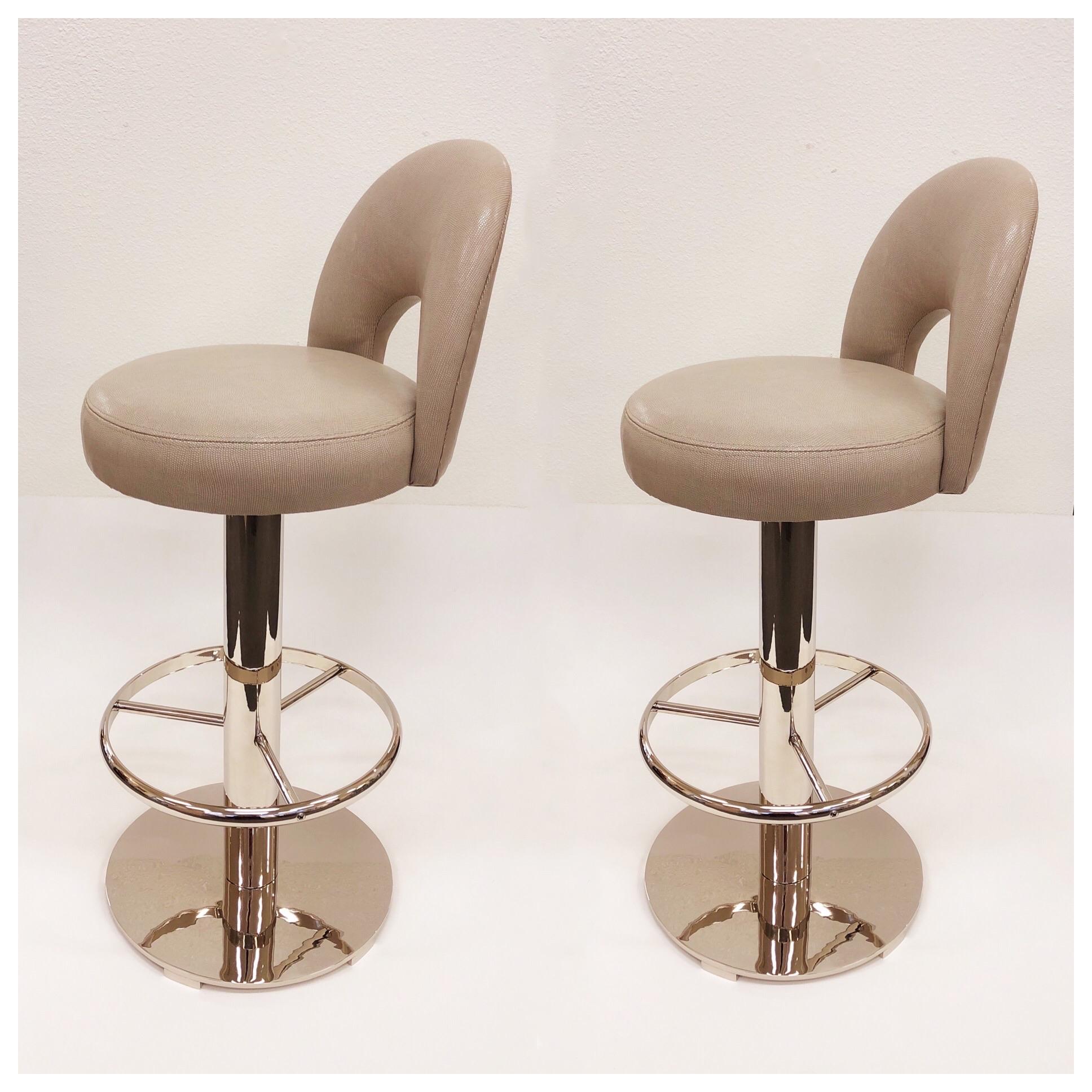 Pair of Polish Nickel and Leather Swivel Bar Stools by Charles Hollis Jones 6