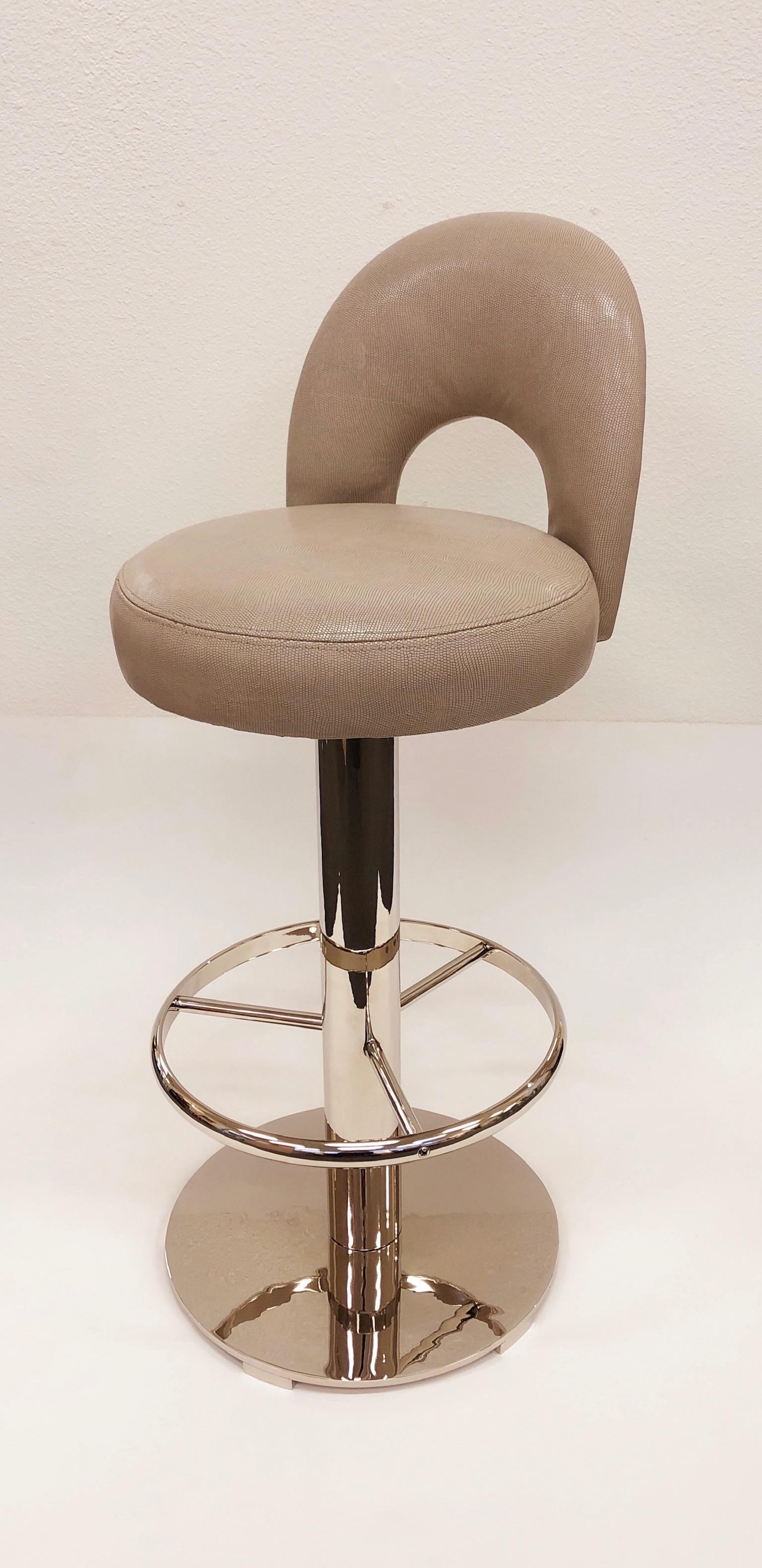 Modern Pair of Polish Nickel and Leather Swivel Bar Stools by Charles Hollis Jones
