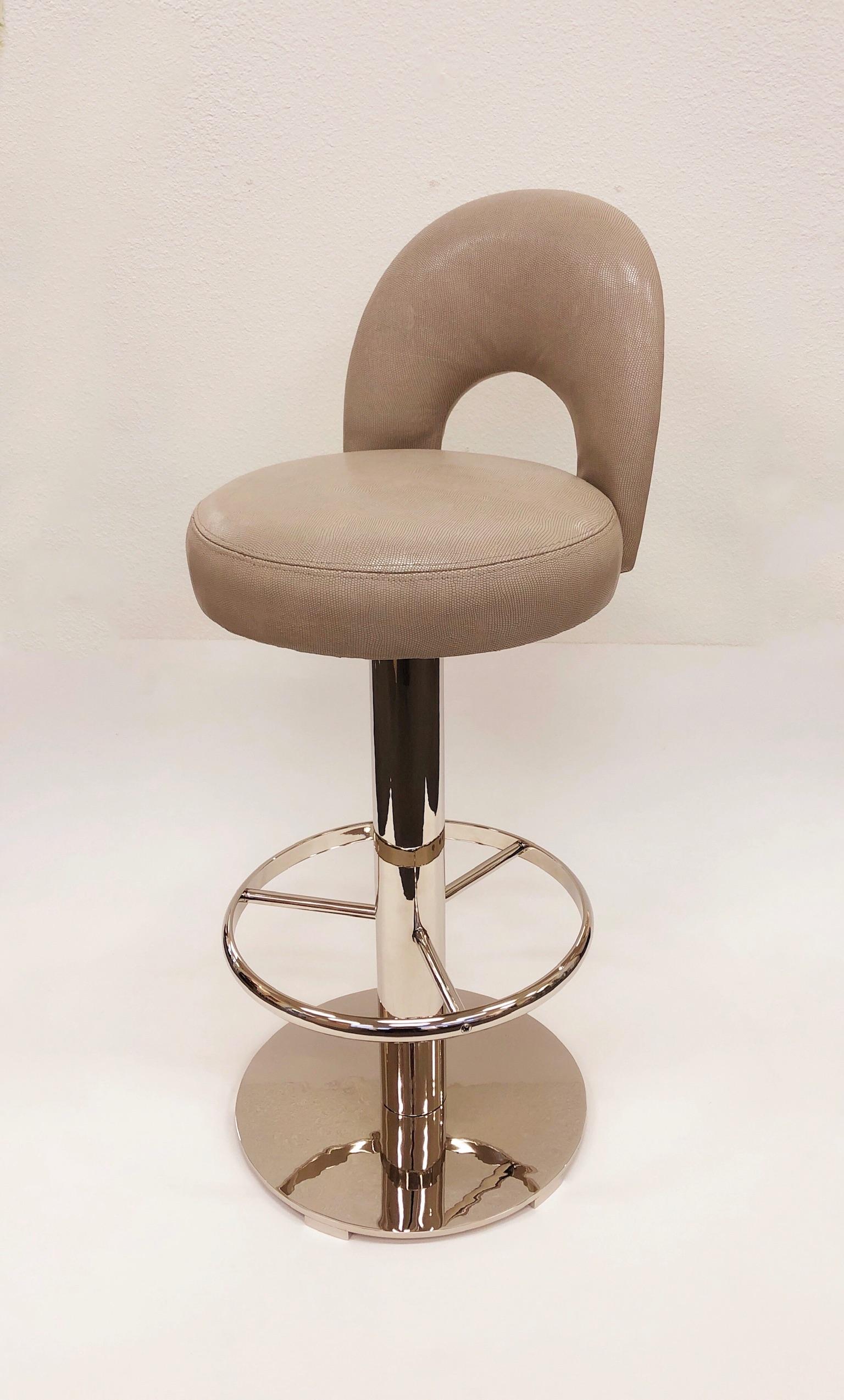 American Pair of Polish Nickel and Leather Swivel Bar Stools by Charles Hollis Jones