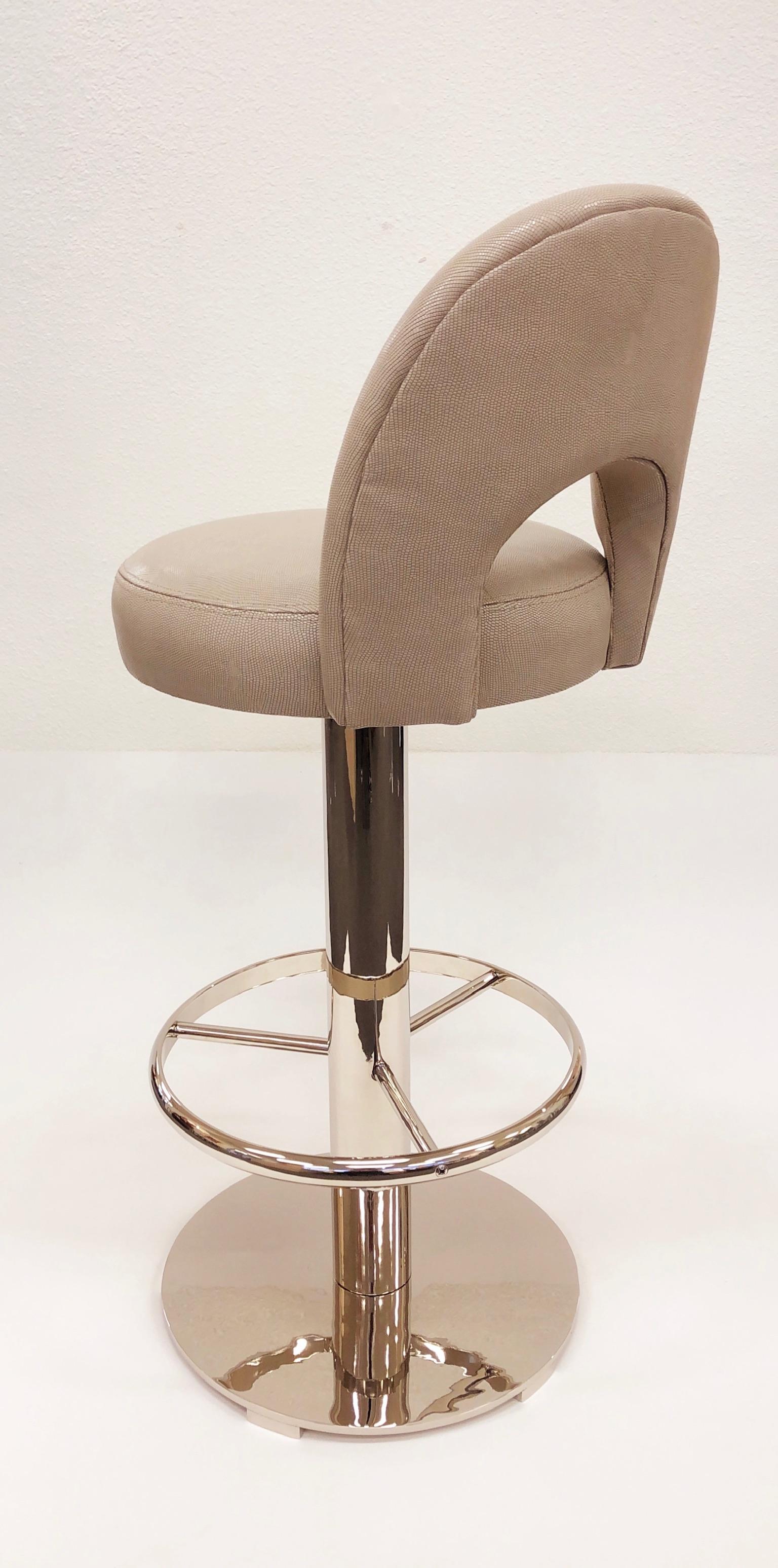 Pair of Polish Nickel and Leather Swivel Bar Stools by Charles Hollis Jones In Excellent Condition In Palm Springs, CA