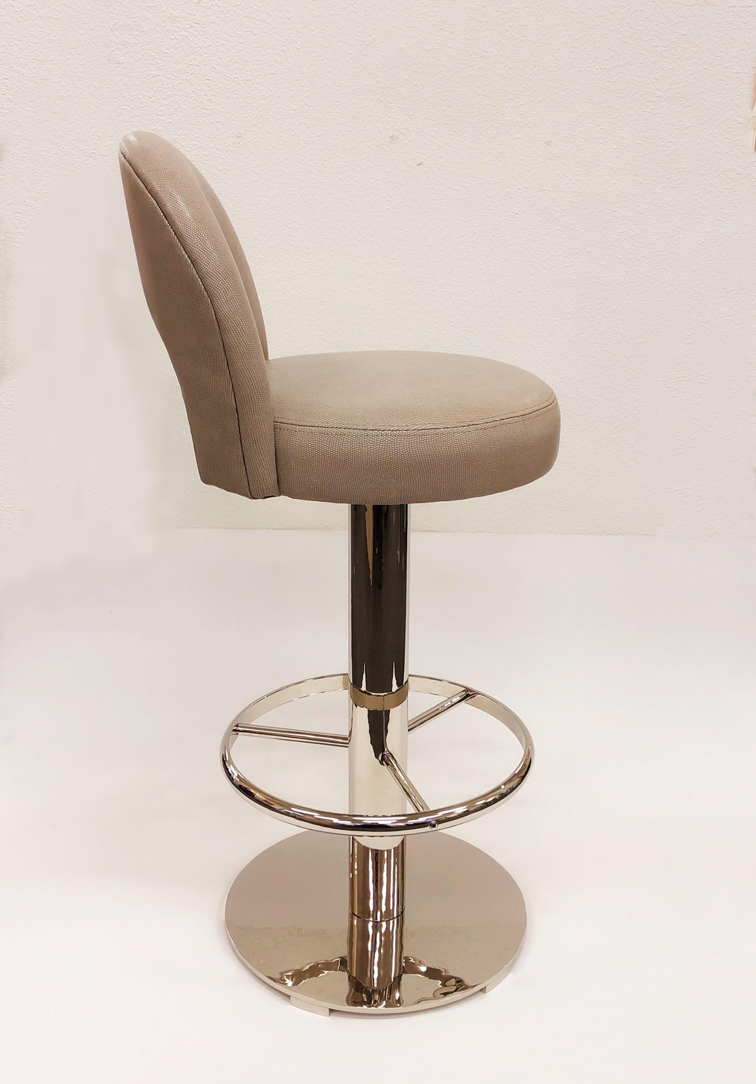 Pair of Polish Nickel and Leather Swivel Bar Stools by Charles Hollis Jones 1