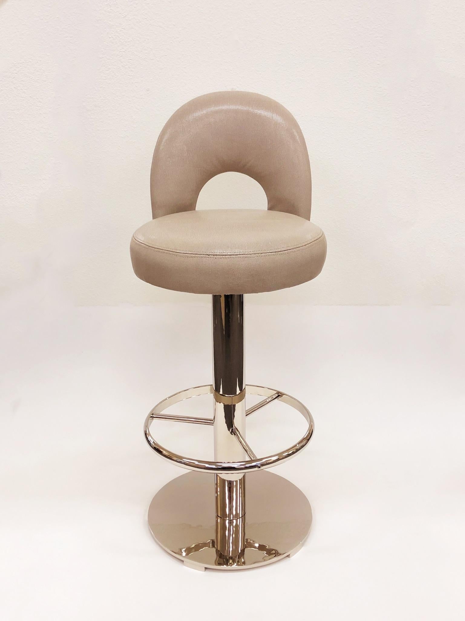 Pair of Polish Nickel and Leather Swivel Bar Stools by Charles Hollis Jones 2