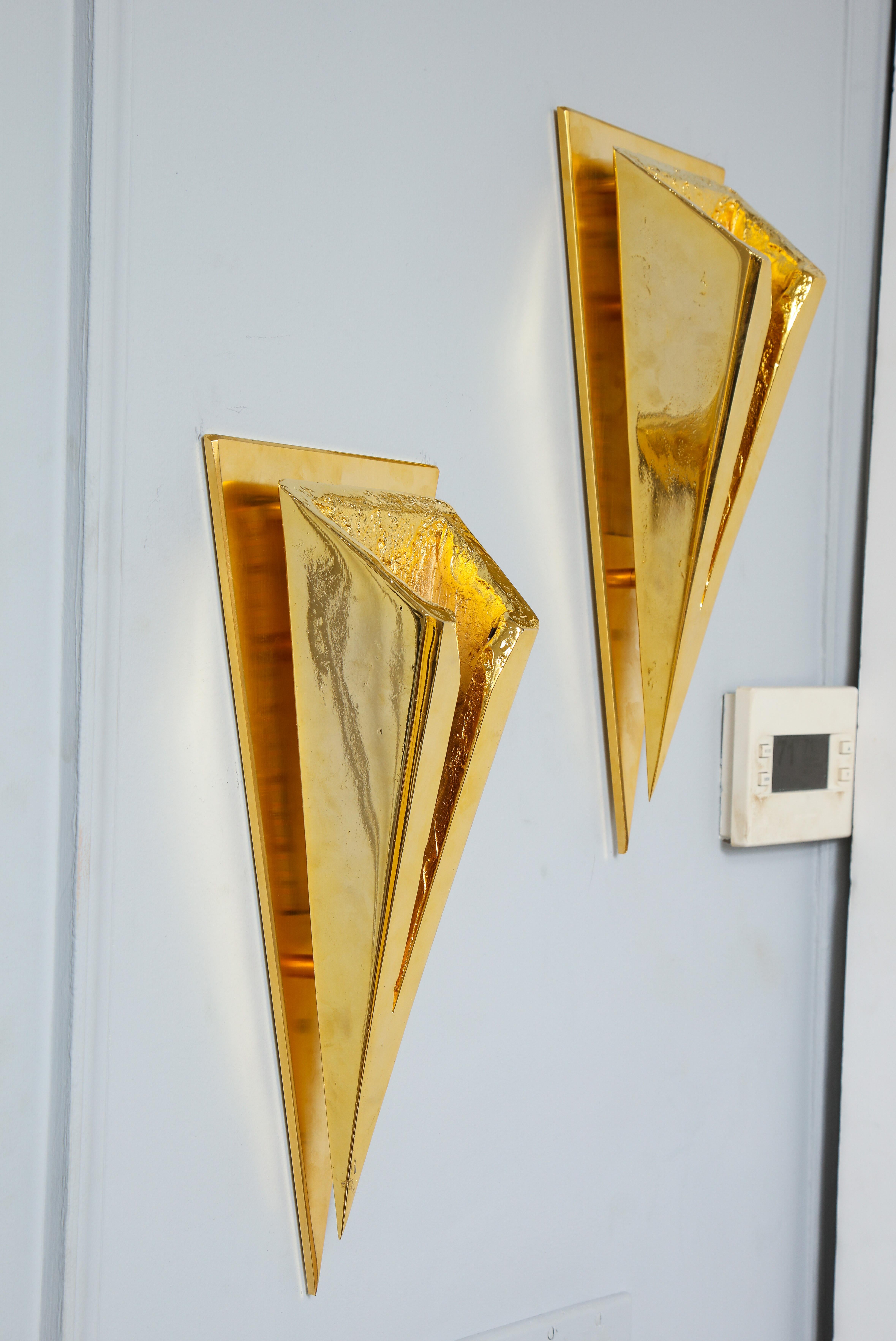 Gold Plate Pair of Polished 24-Karat Gold-Plated Sconces by Kelly Kiefer For Sale