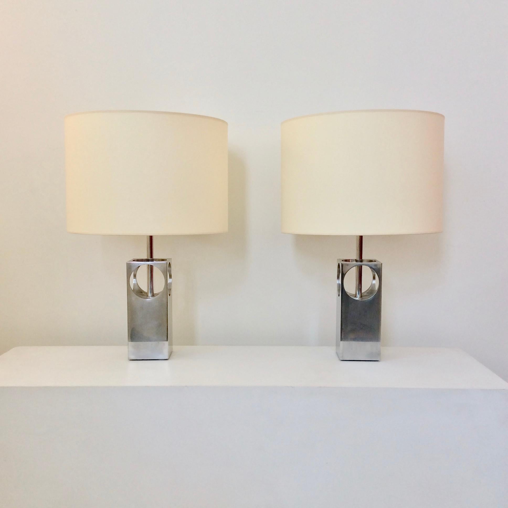 French Pair of Polished Aluminium Table Lamps, circa 1970, France