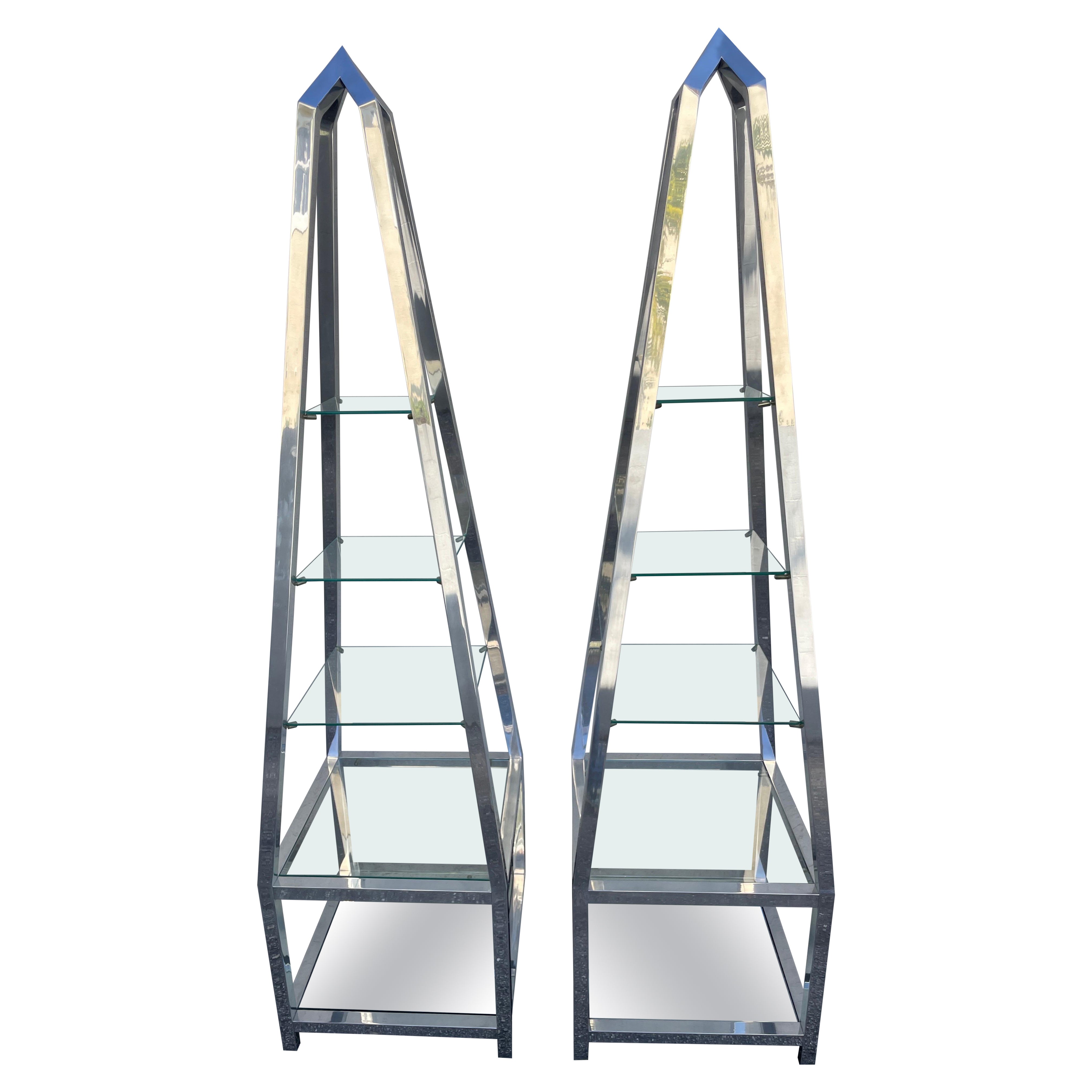 Pair of Polished Aluminum Obelisk Etageres For Sale