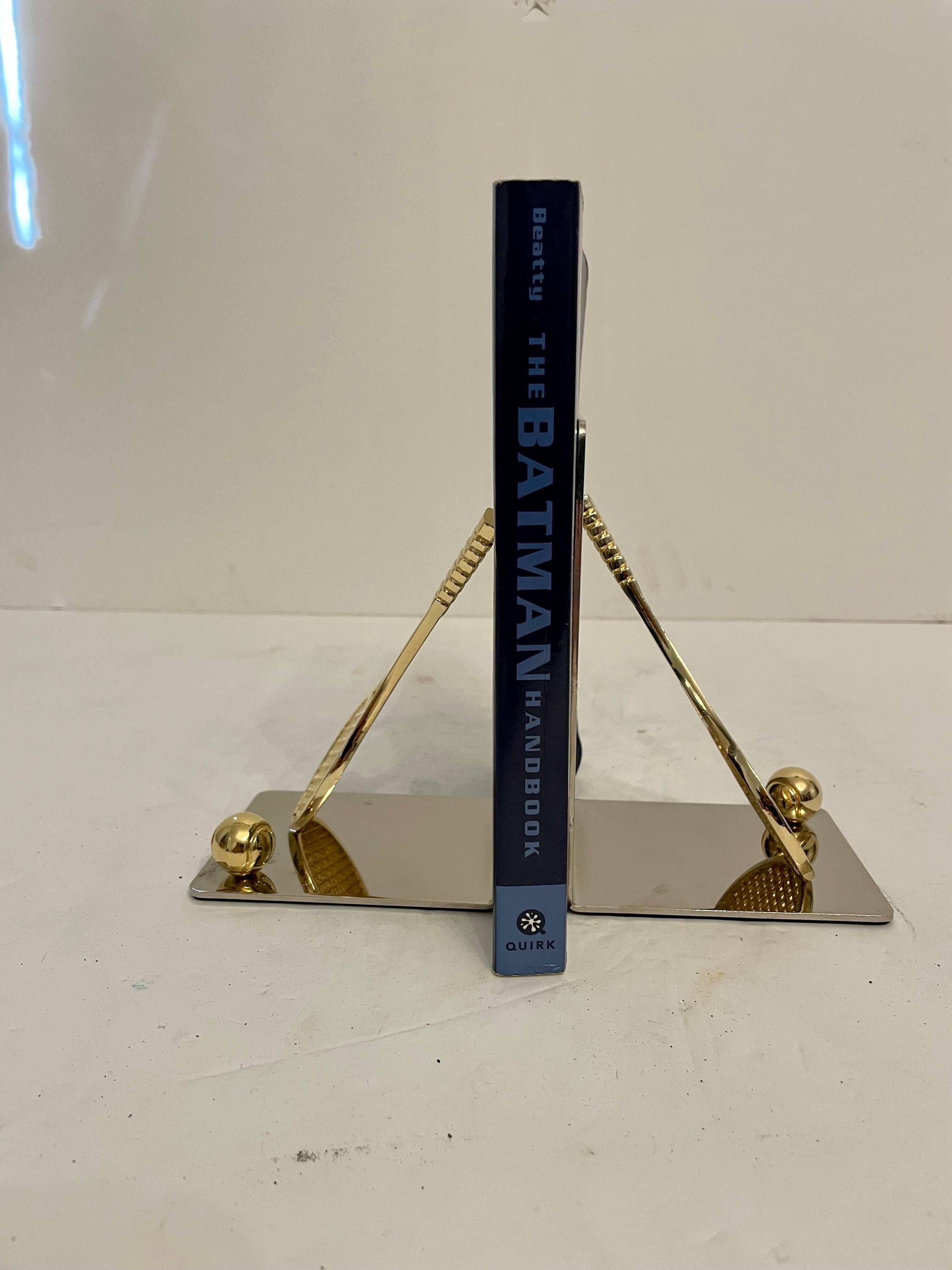 Pair of Polished Brass and Chrome Tennis Racket Bookends 2 In Good Condition In New York, NY