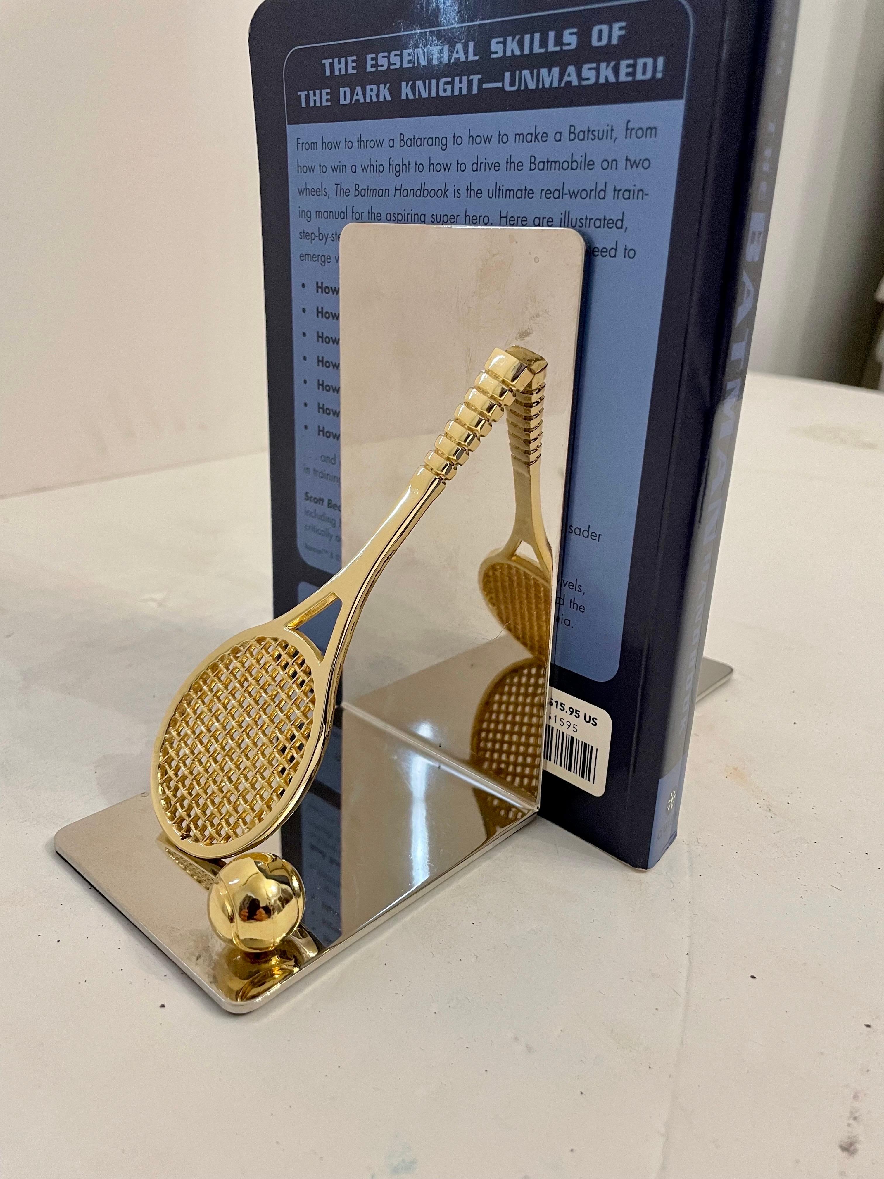 Pair of Polished Brass and Chrome Tennis Racket Bookends 2 1