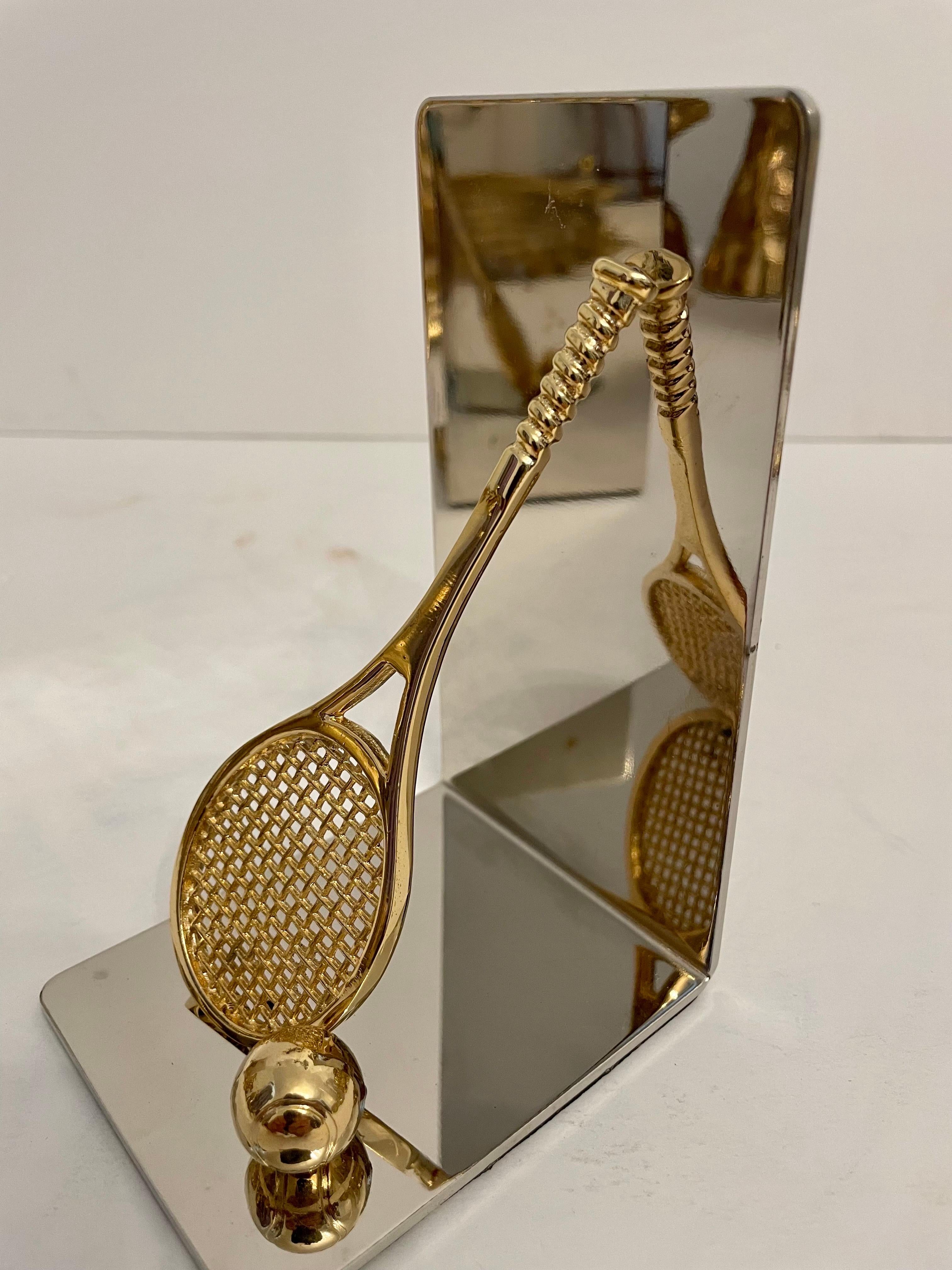 Pair of Polished Brass and Chrome Tennis Racket Bookends For Sale 5