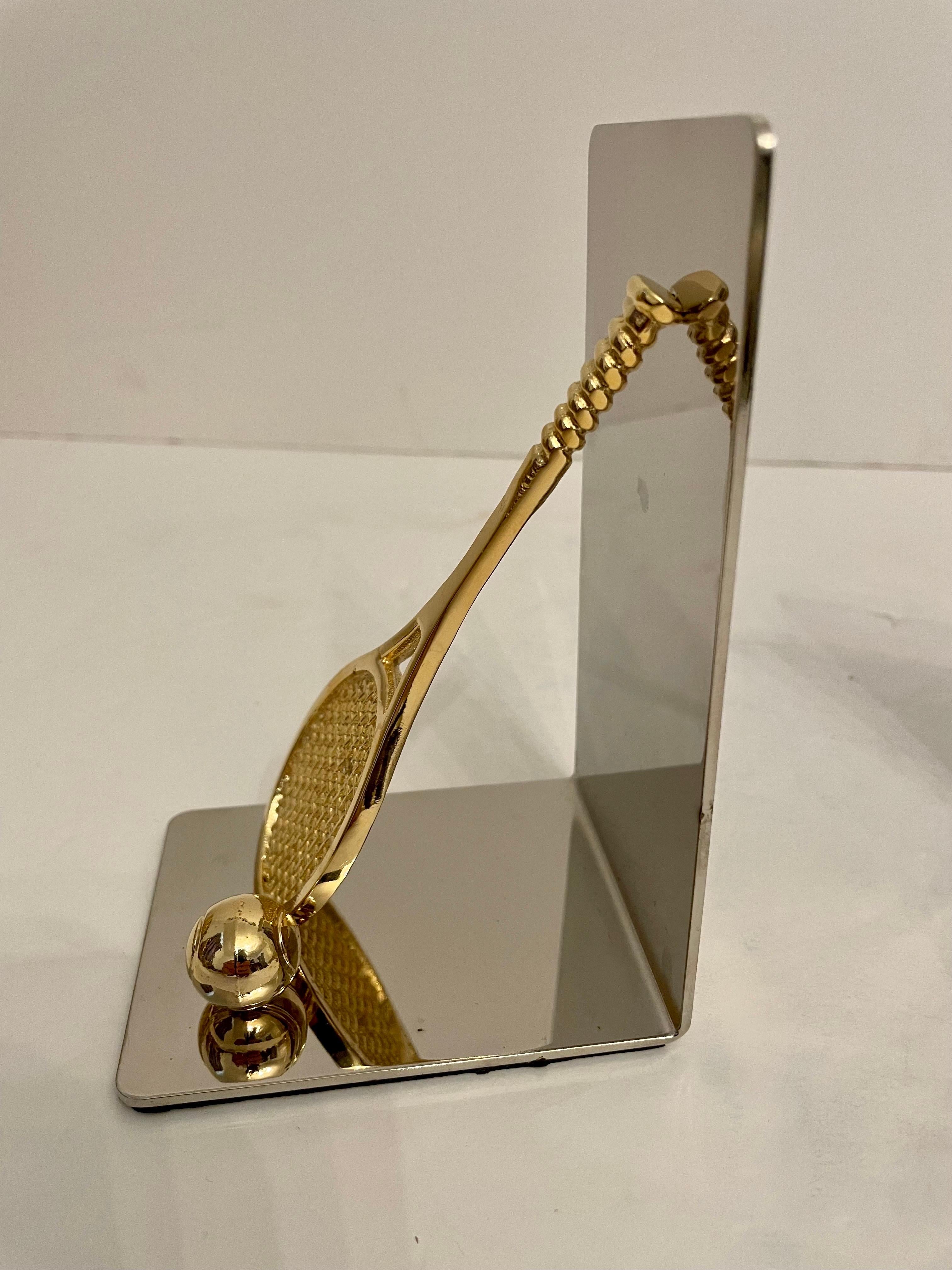 Pair of Polished Brass and Chrome Tennis Racket Bookends For Sale 8