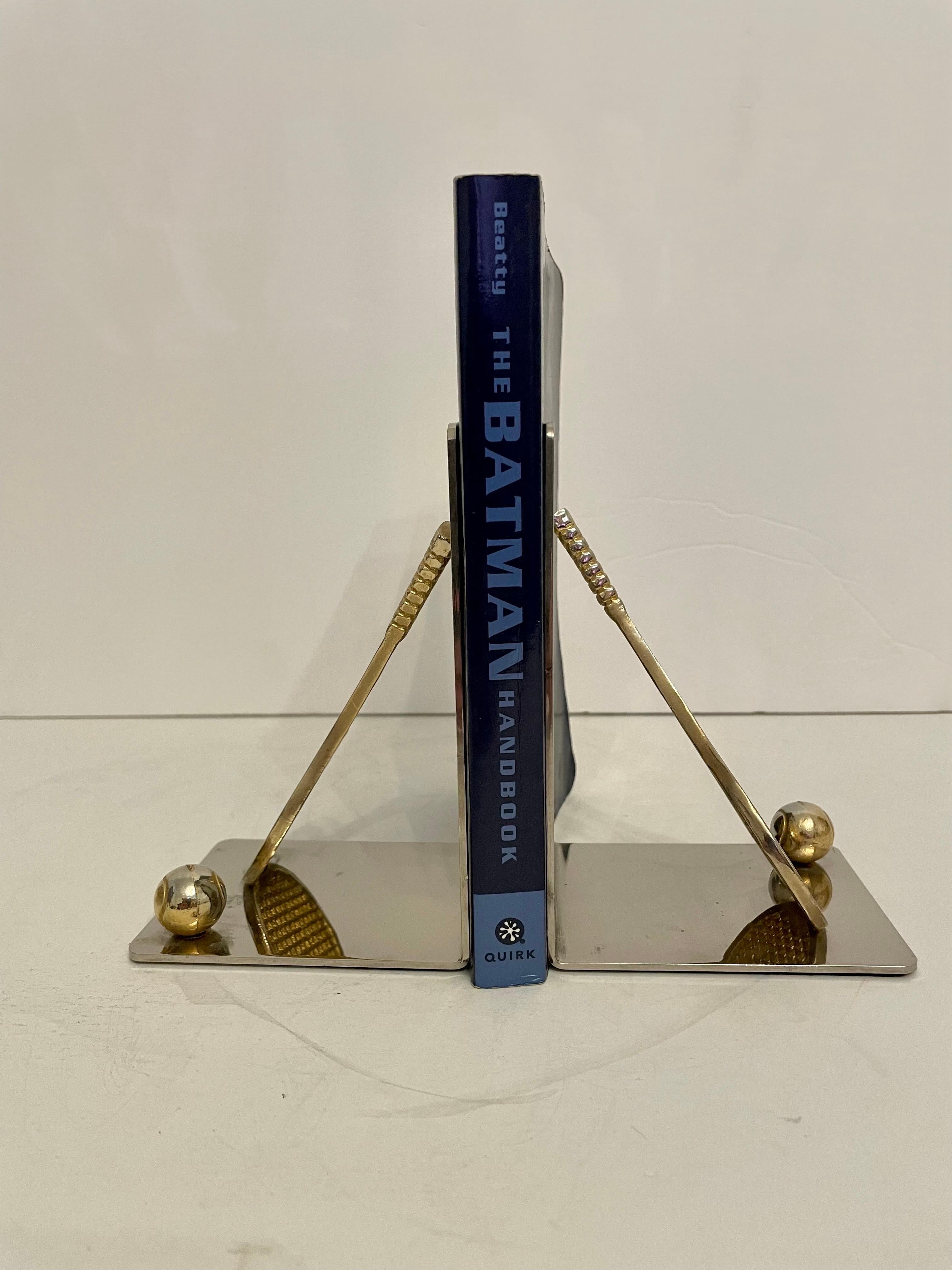 Modern Pair of Polished Brass and Chrome Tennis Racket Bookends For Sale