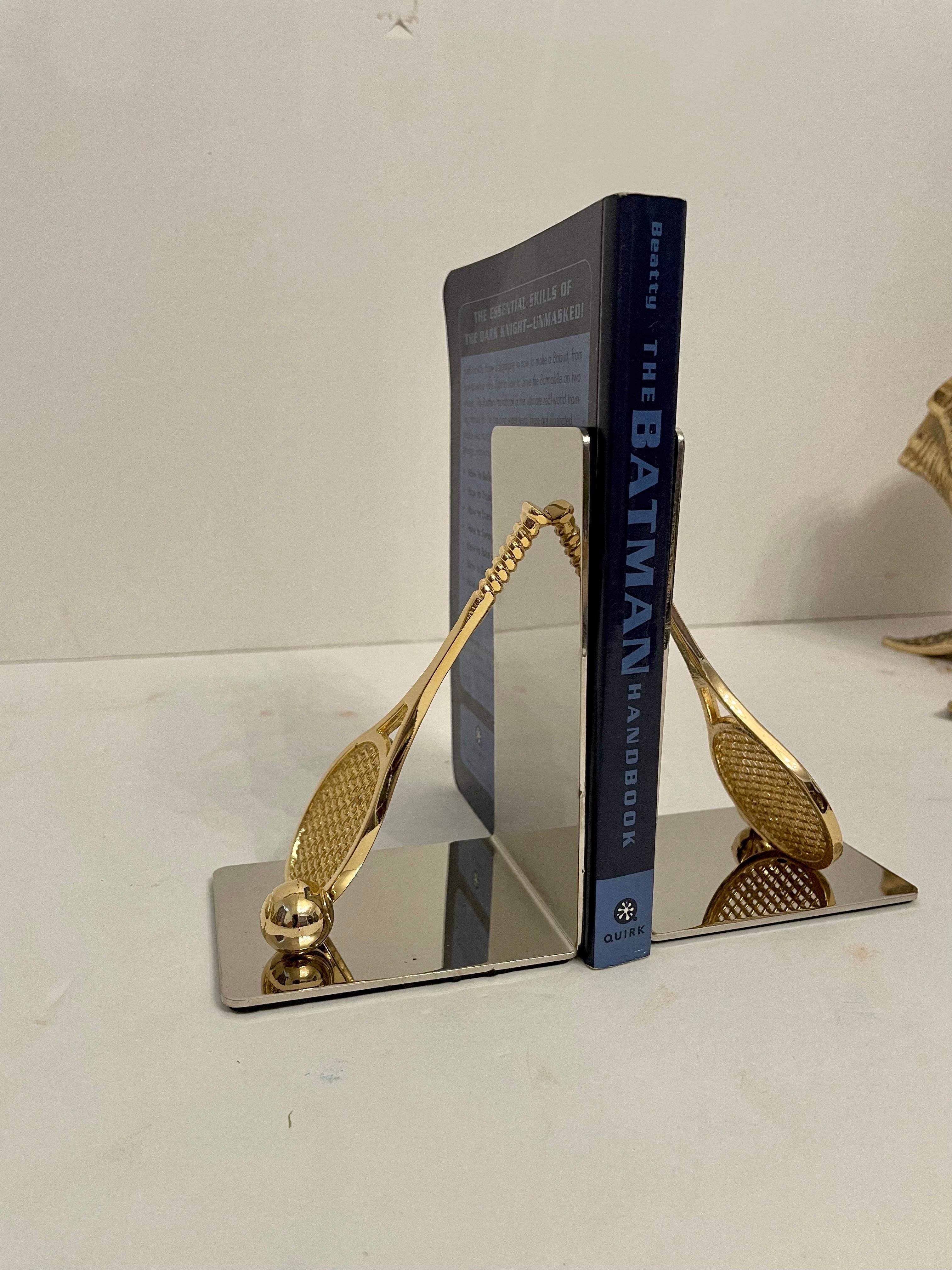 Pair of Polished Brass and Chrome Tennis Racket Bookends In Good Condition For Sale In New York, NY