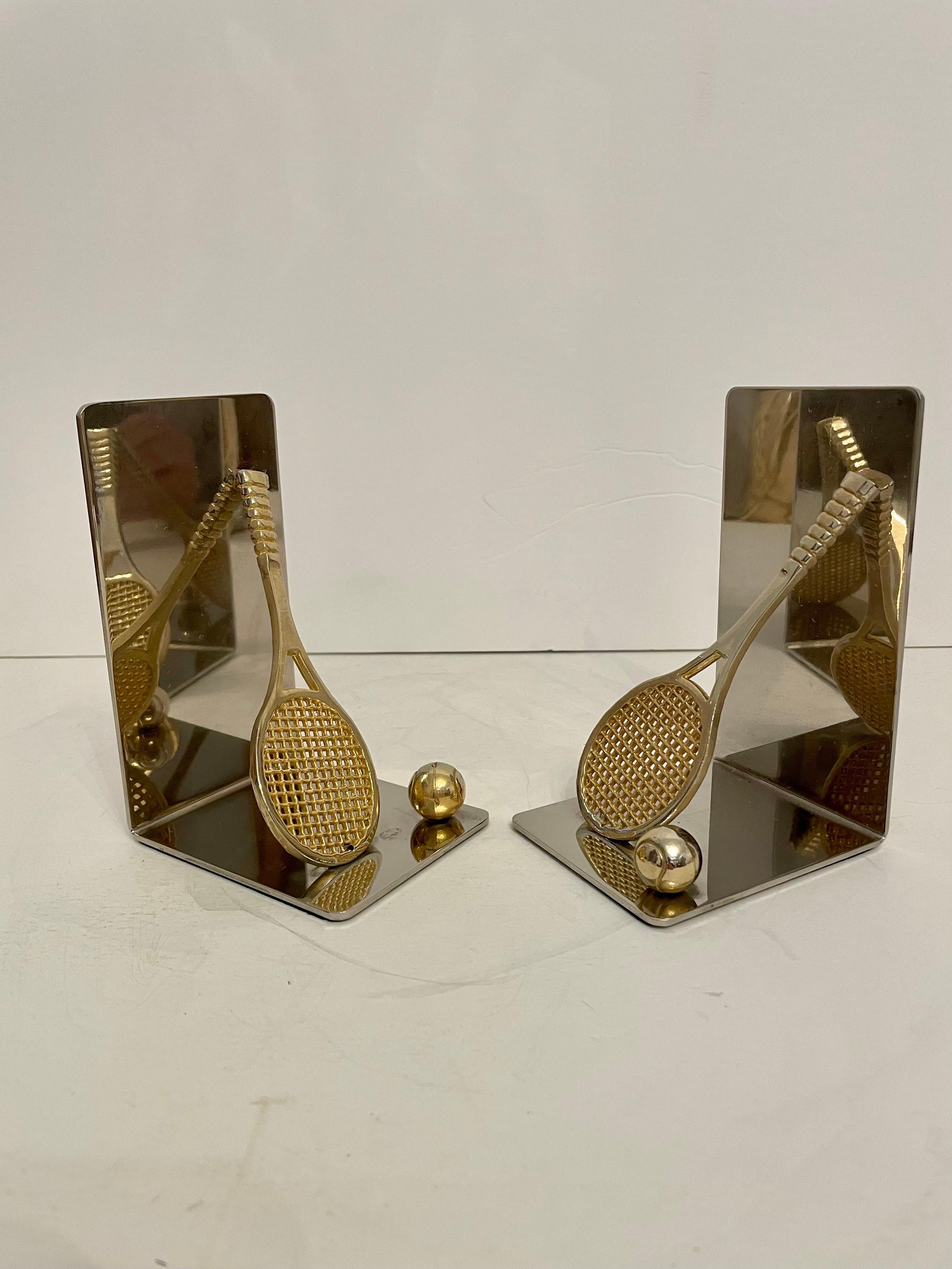 Pair of Polished Brass and Chrome Tennis Racket Bookends In Good Condition For Sale In New York, NY