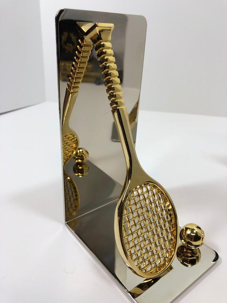 Pair of Polished Brass and Chrome Tennis Racket Bookends In Good Condition In New York, NY
