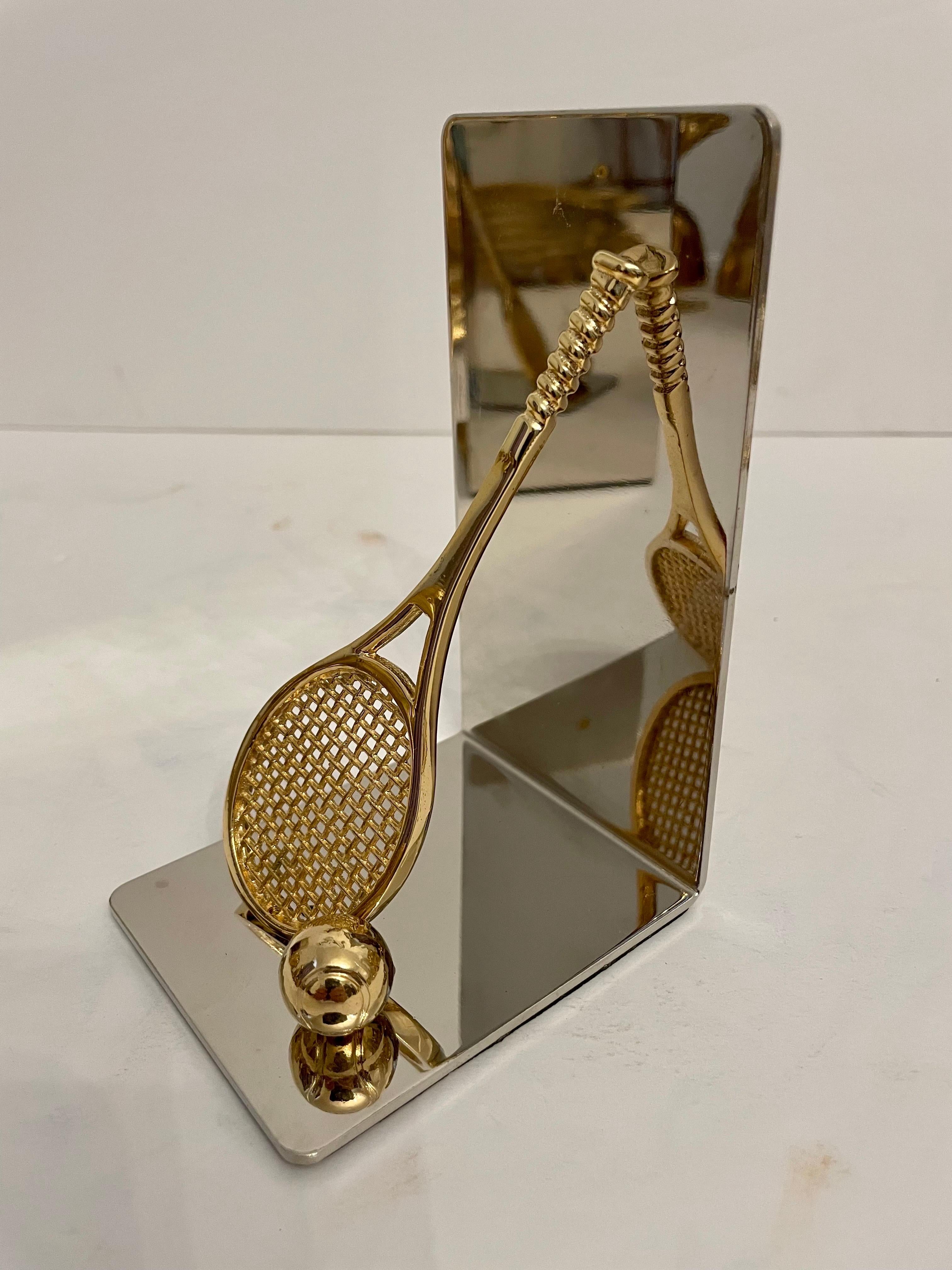 20th Century Pair of Polished Brass and Chrome Tennis Racket Bookends For Sale