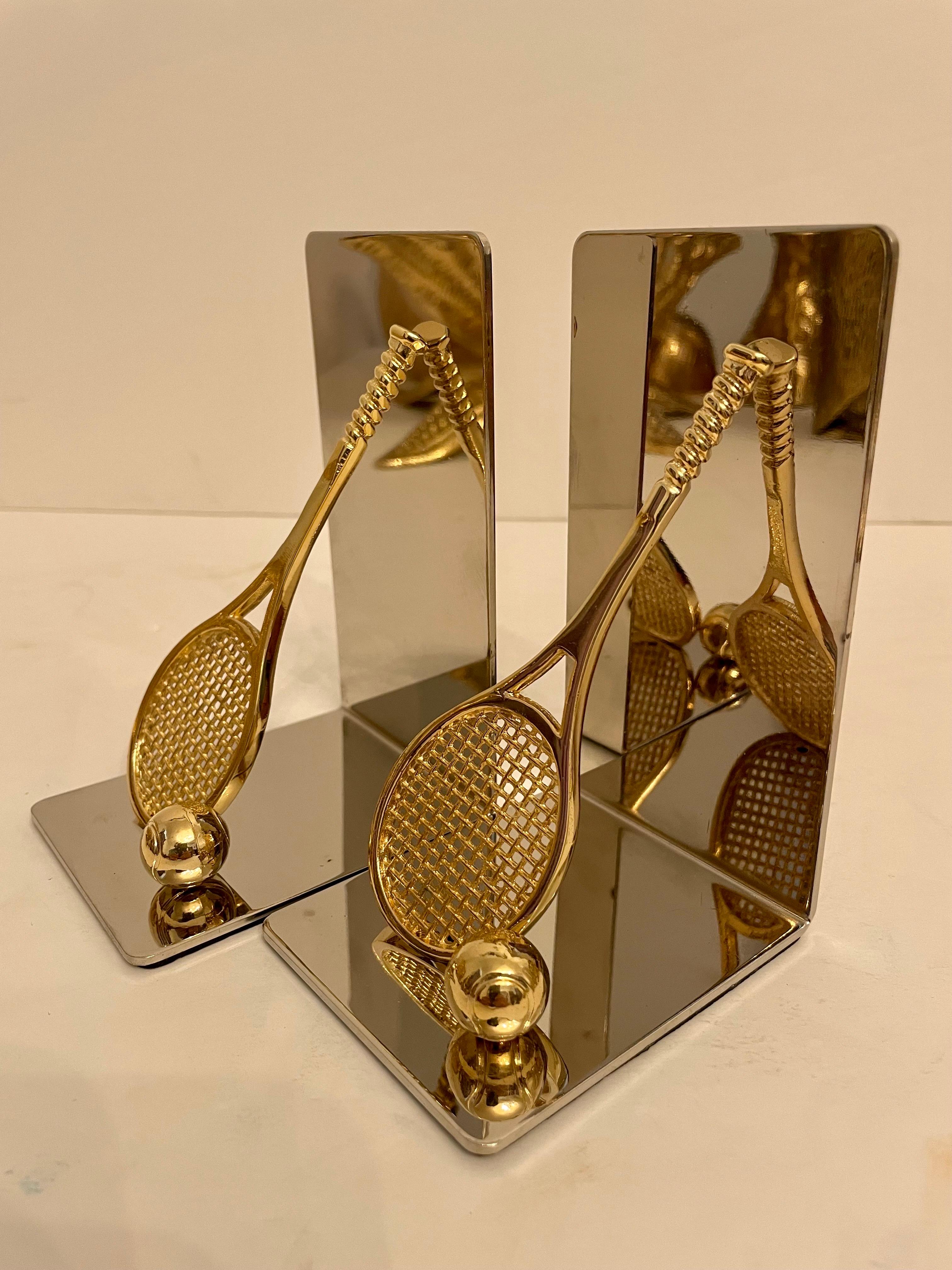 Pair of Polished Brass and Chrome Tennis Racket Bookends For Sale 1