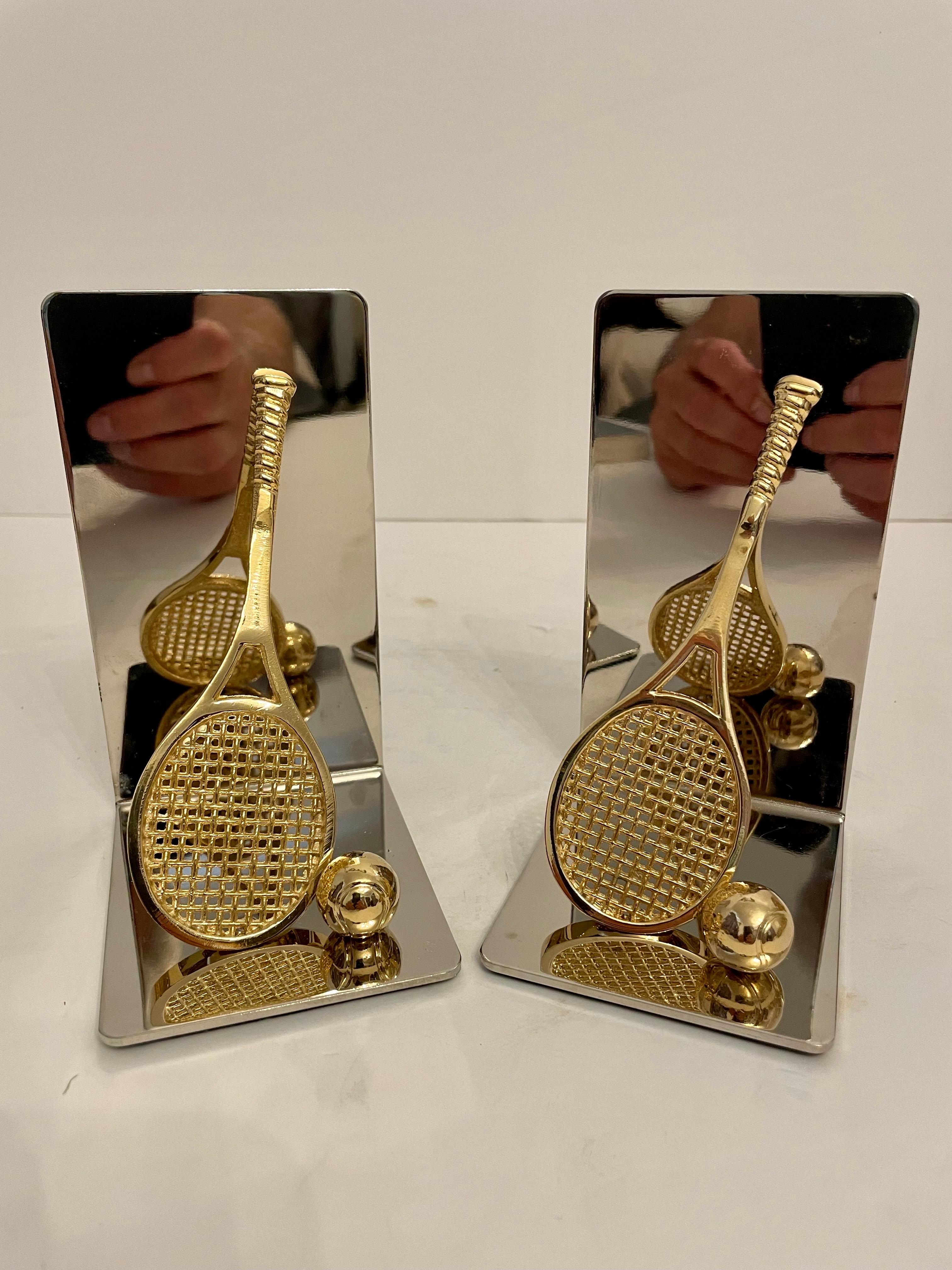 Pair of Polished Brass and Chrome Tennis Racket Bookends For Sale 2