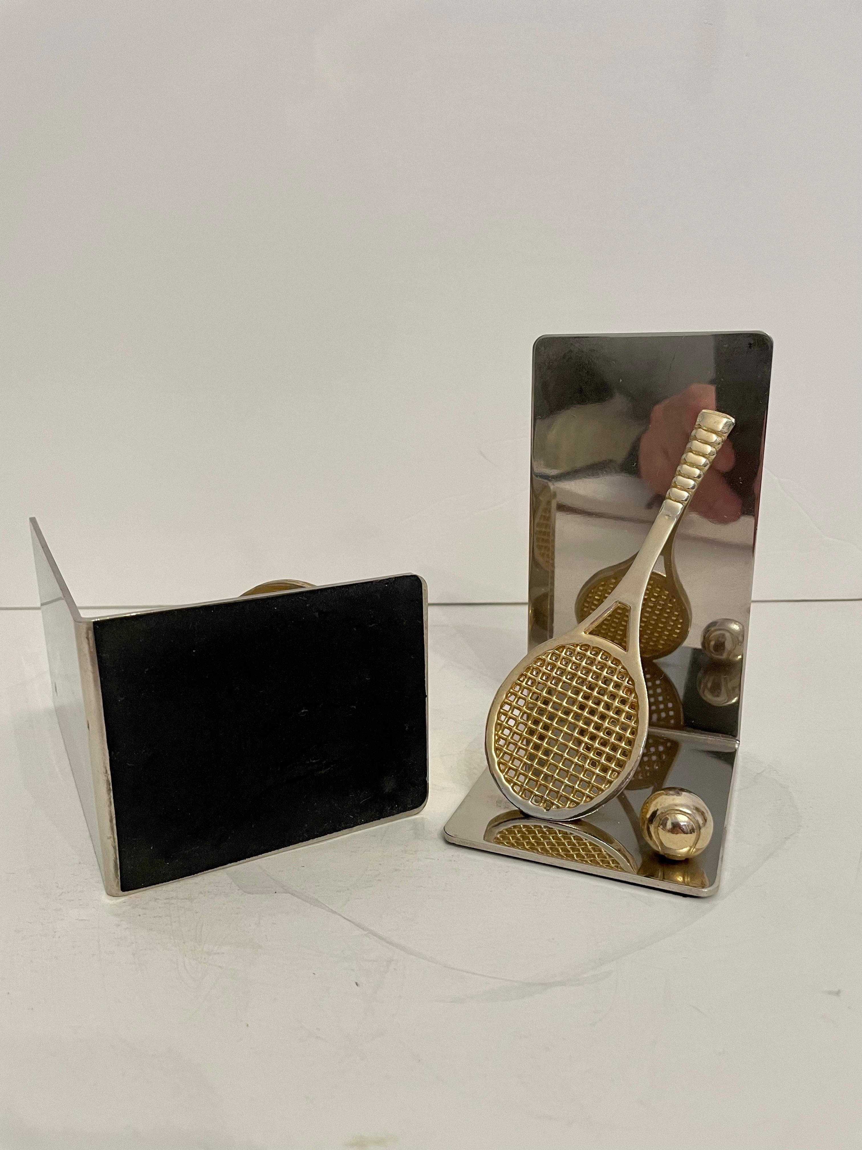 Pair of Polished Brass and Chrome Tennis Racket Bookends For Sale 3