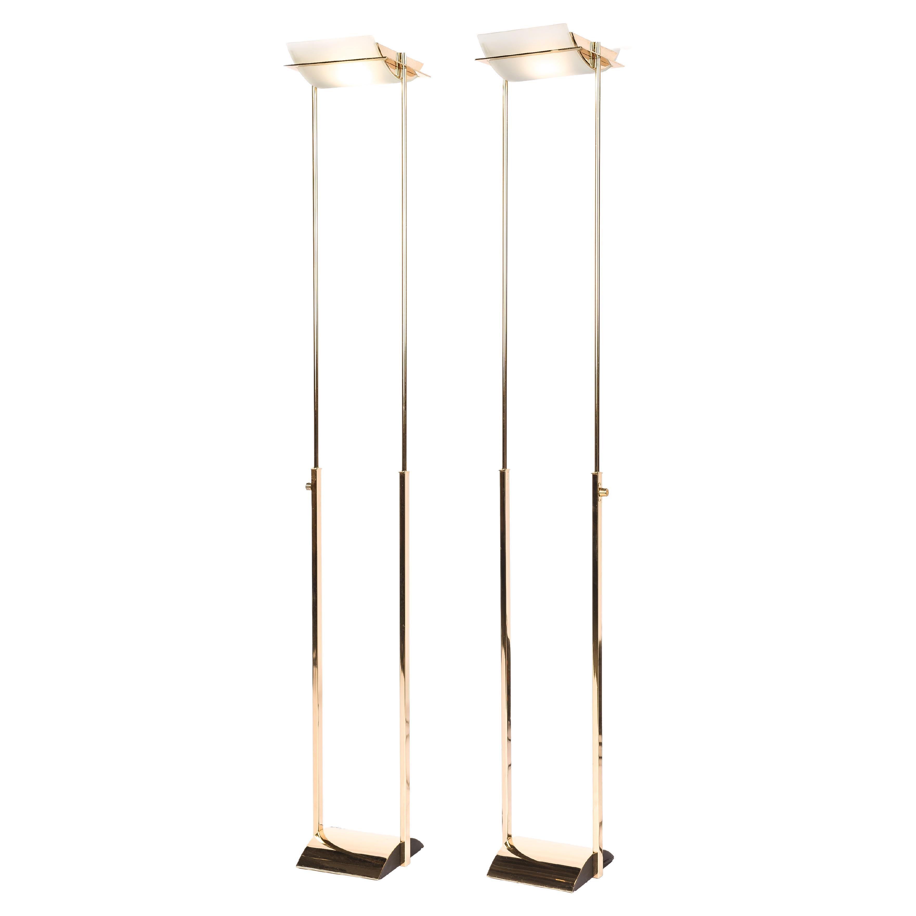 Pair of Polished Brass and Glass Floor Lamps P-1250 by Spanish Estiluz 1980s For Sale