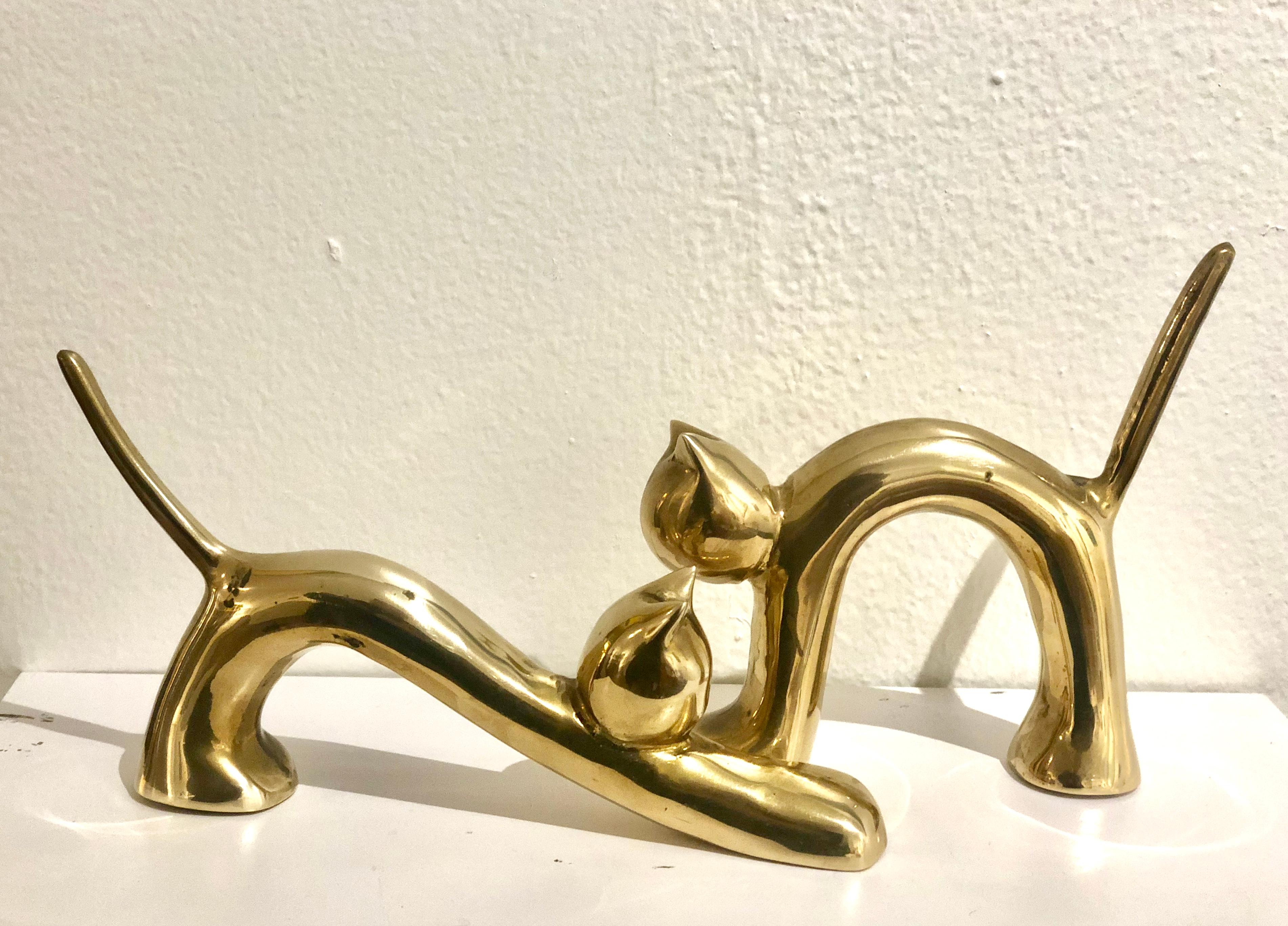 American Pair of Polished Brass Art Deco Cat Sculptures