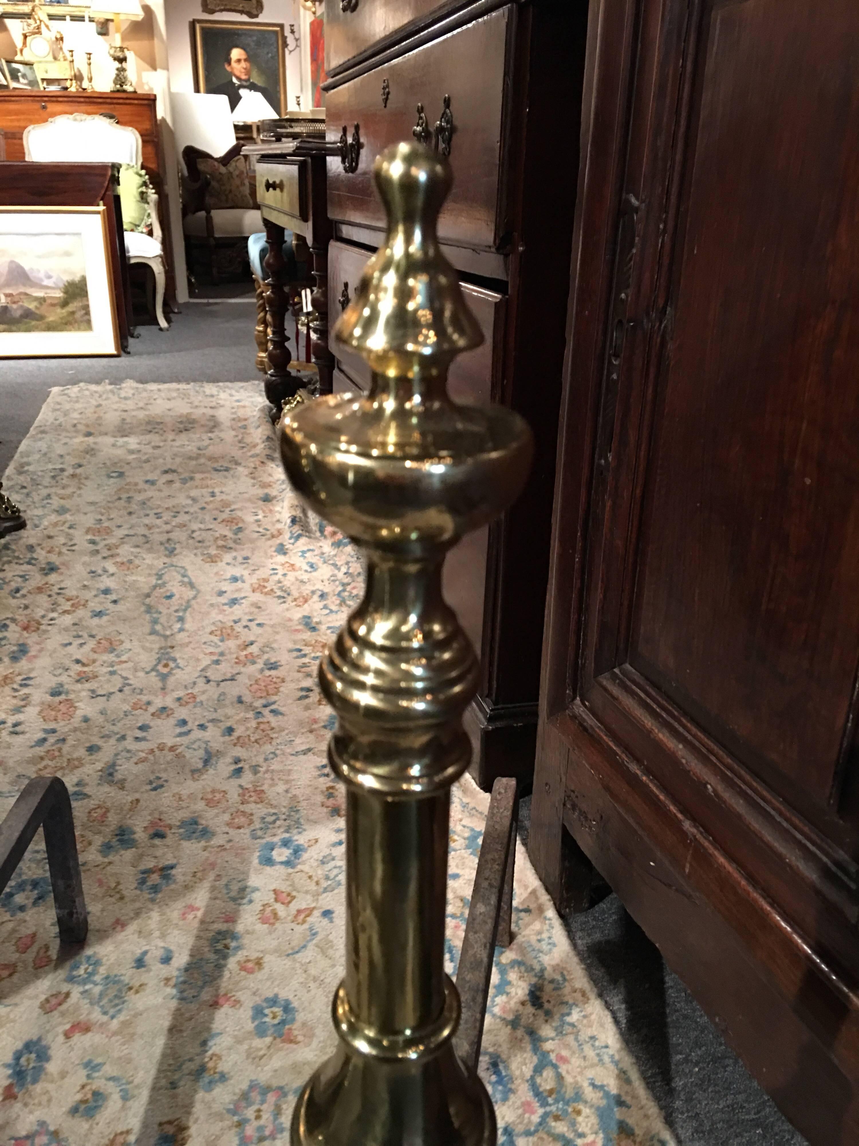 French Pair of Polished Brass Chenets or Andirons with Decorative Scrolls, 19th Century For Sale