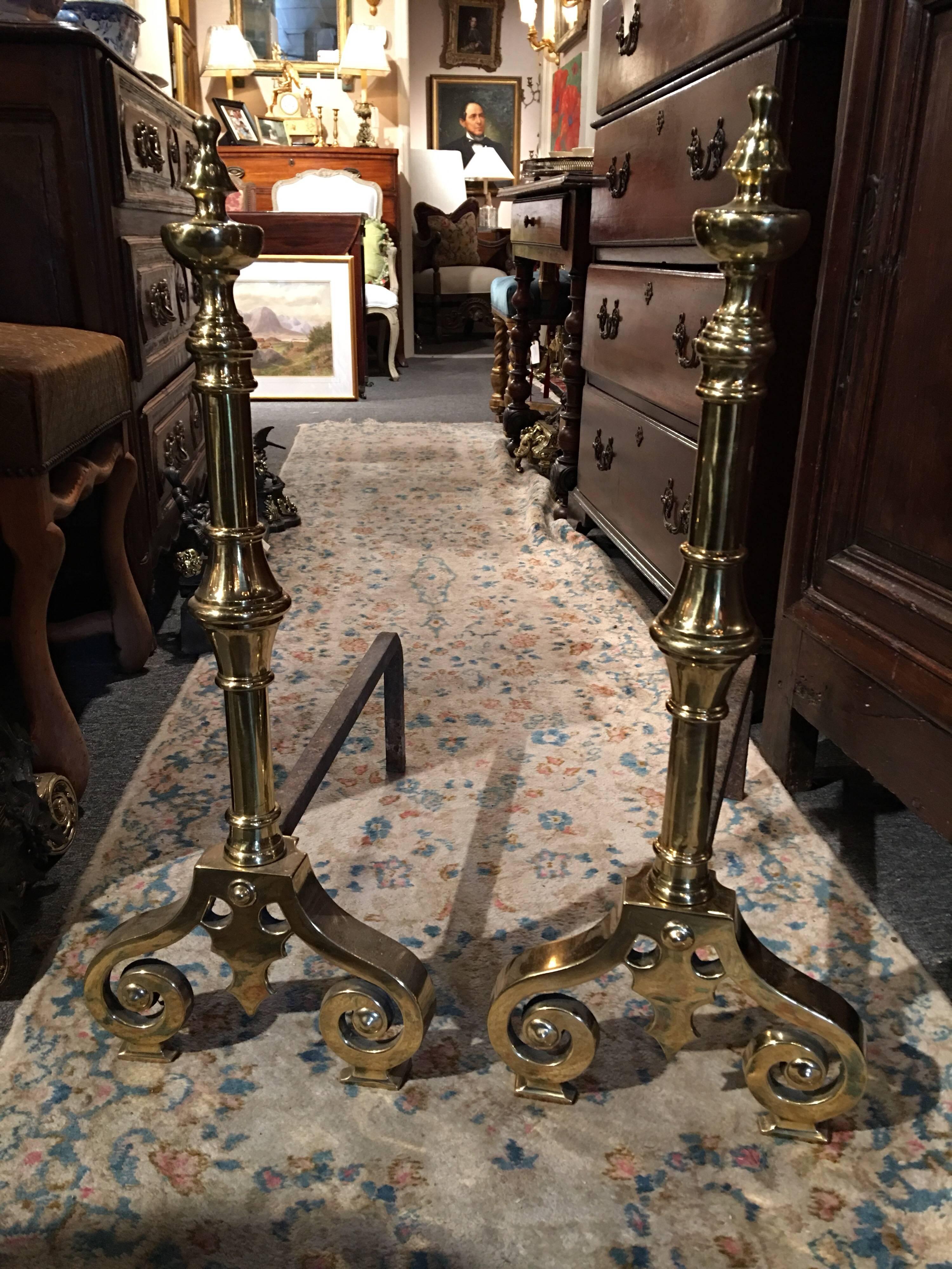 Pair of Polished Brass Chenets or Andirons with Decorative Scrolls, 19th Century In Good Condition For Sale In Savannah, GA