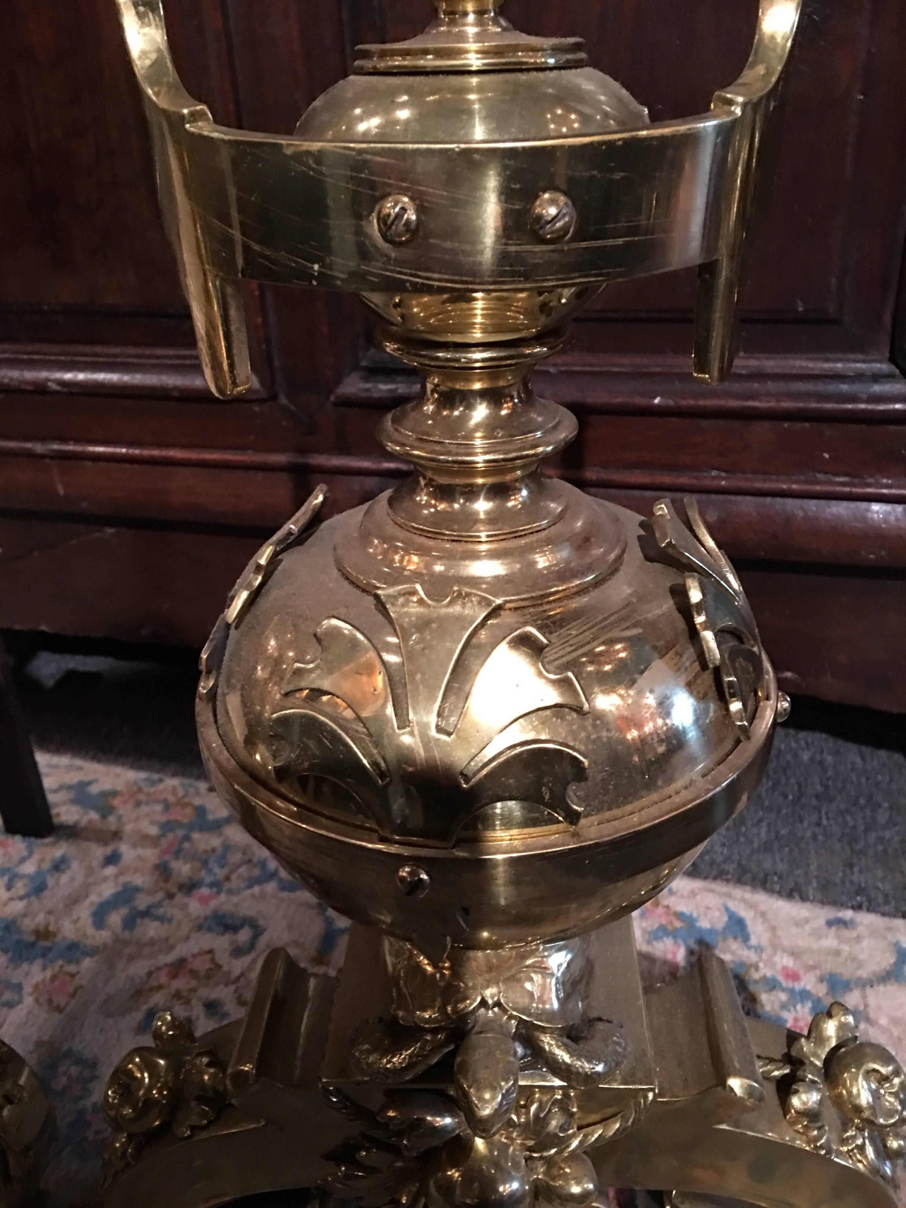 Pair of Polished Brass Chenets or Andirons with Flame Finials, 19th Century In Good Condition For Sale In Savannah, GA