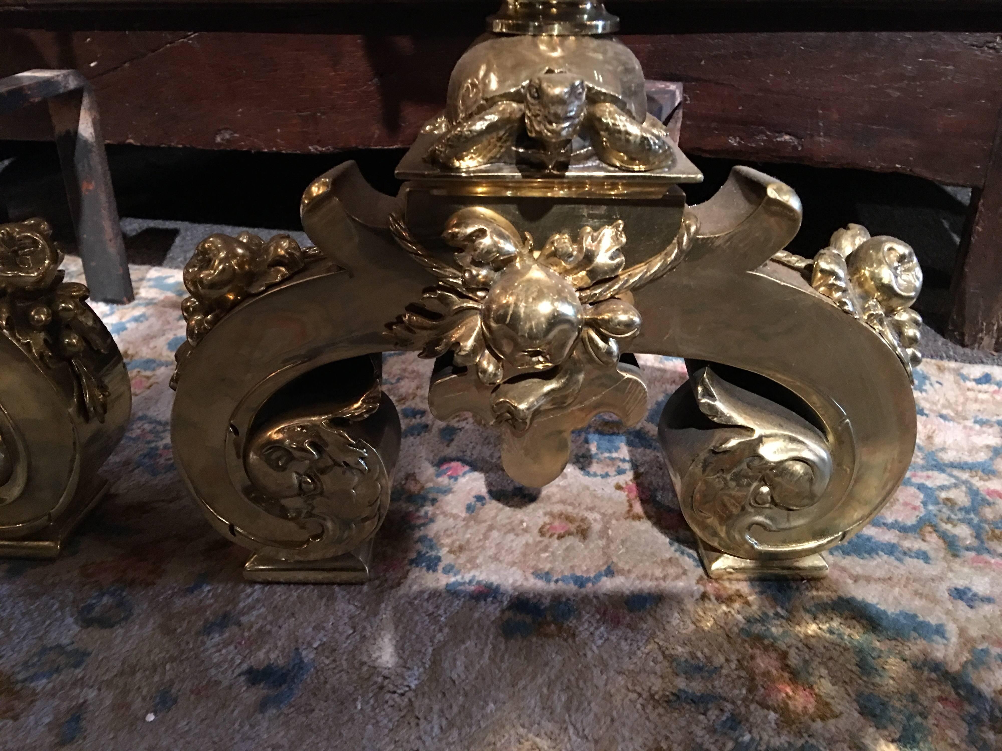 Pair of Polished Brass Chenets or Andirons with Flame Finials, 19th Century For Sale 1