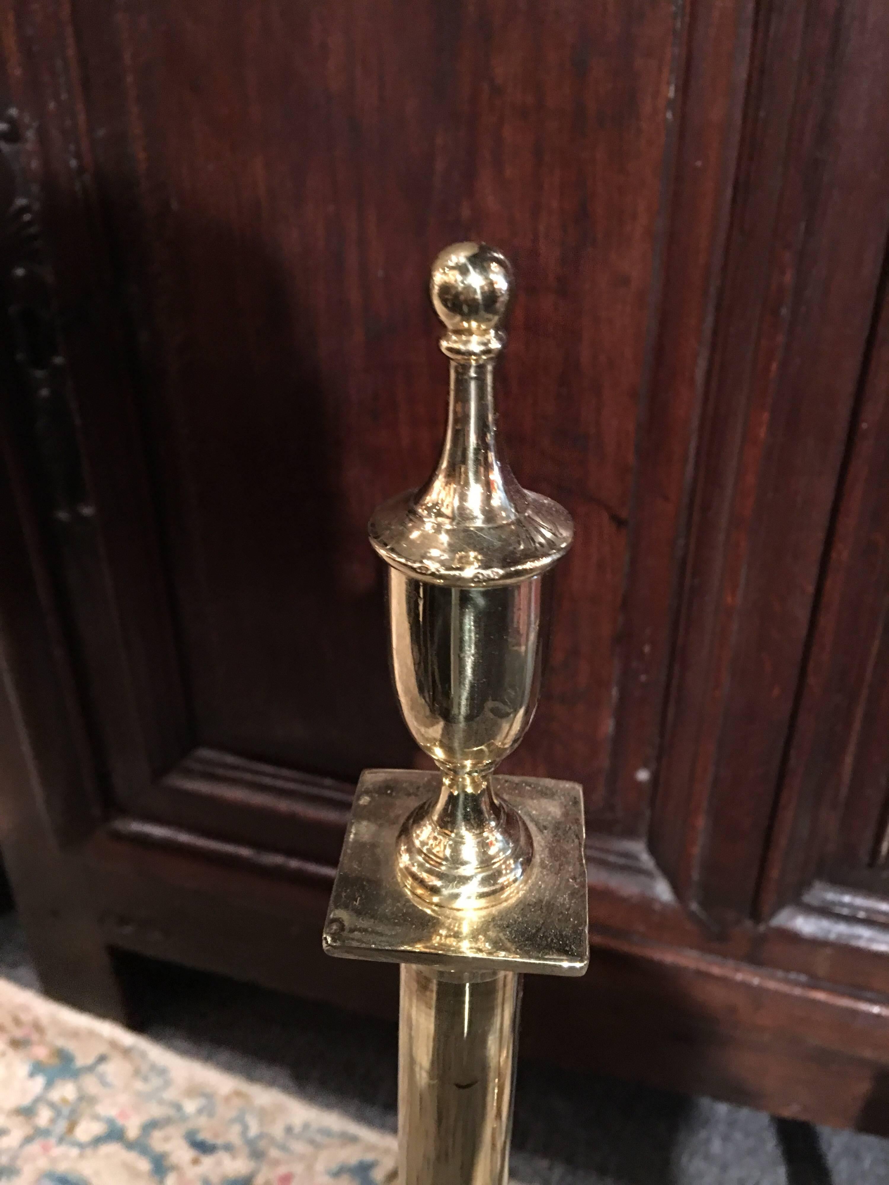 Pair of polished brass chenets or andirons, 19th century.