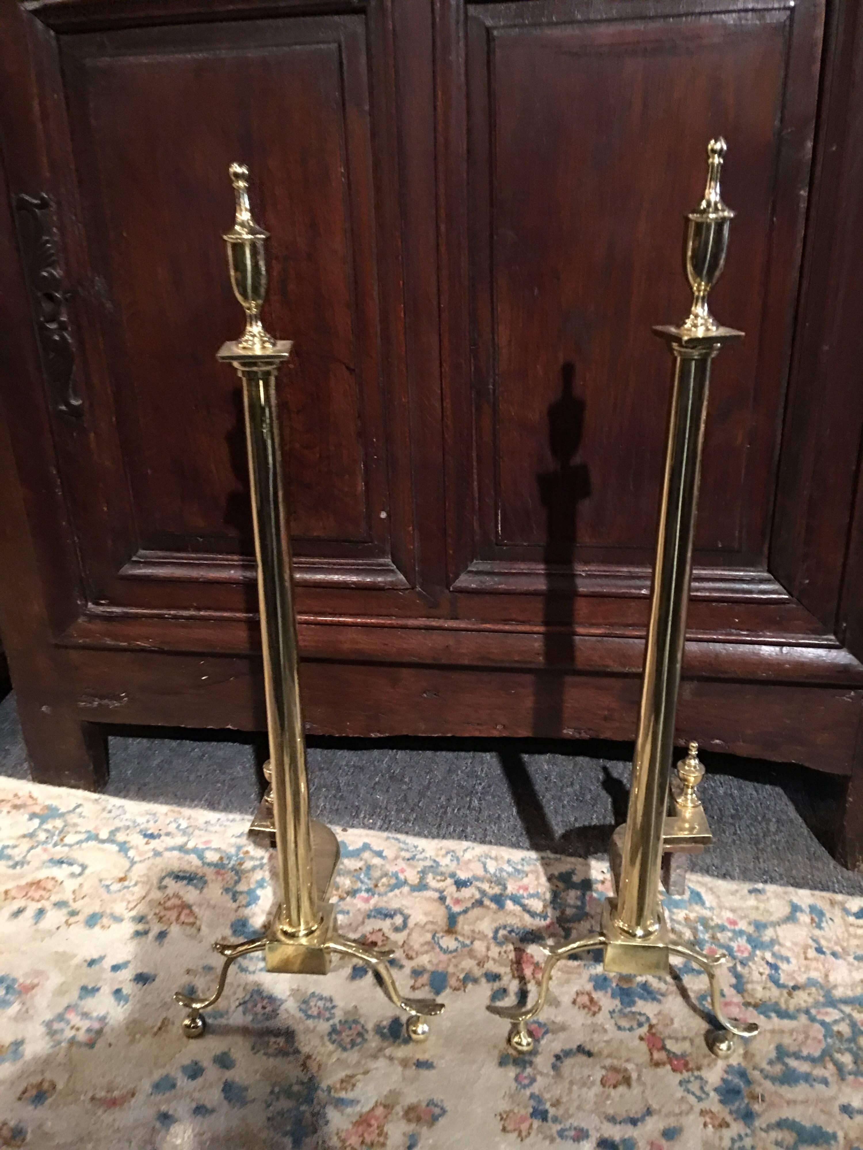 French Pair of Polished Brass Chenets or Andirons, 19th Century For Sale