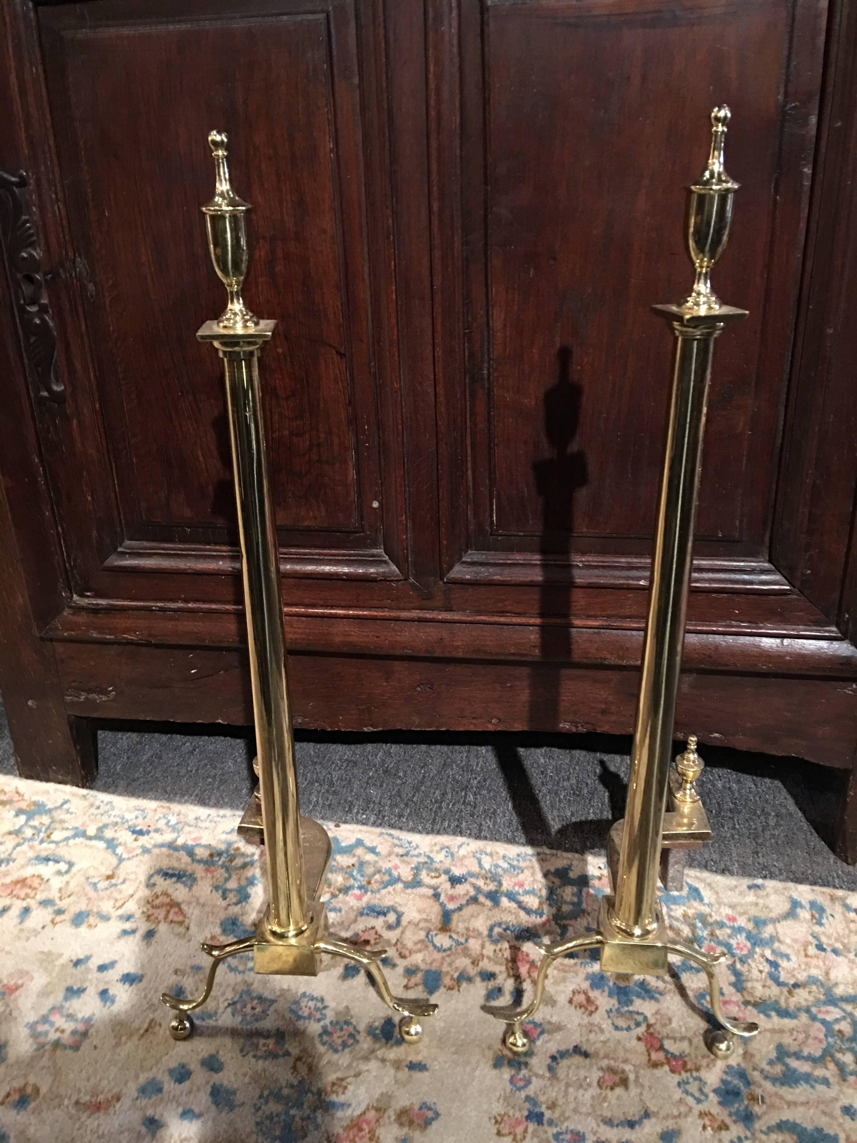 Pair of Polished Brass Chenets or Andirons, 19th Century In Good Condition For Sale In Savannah, GA