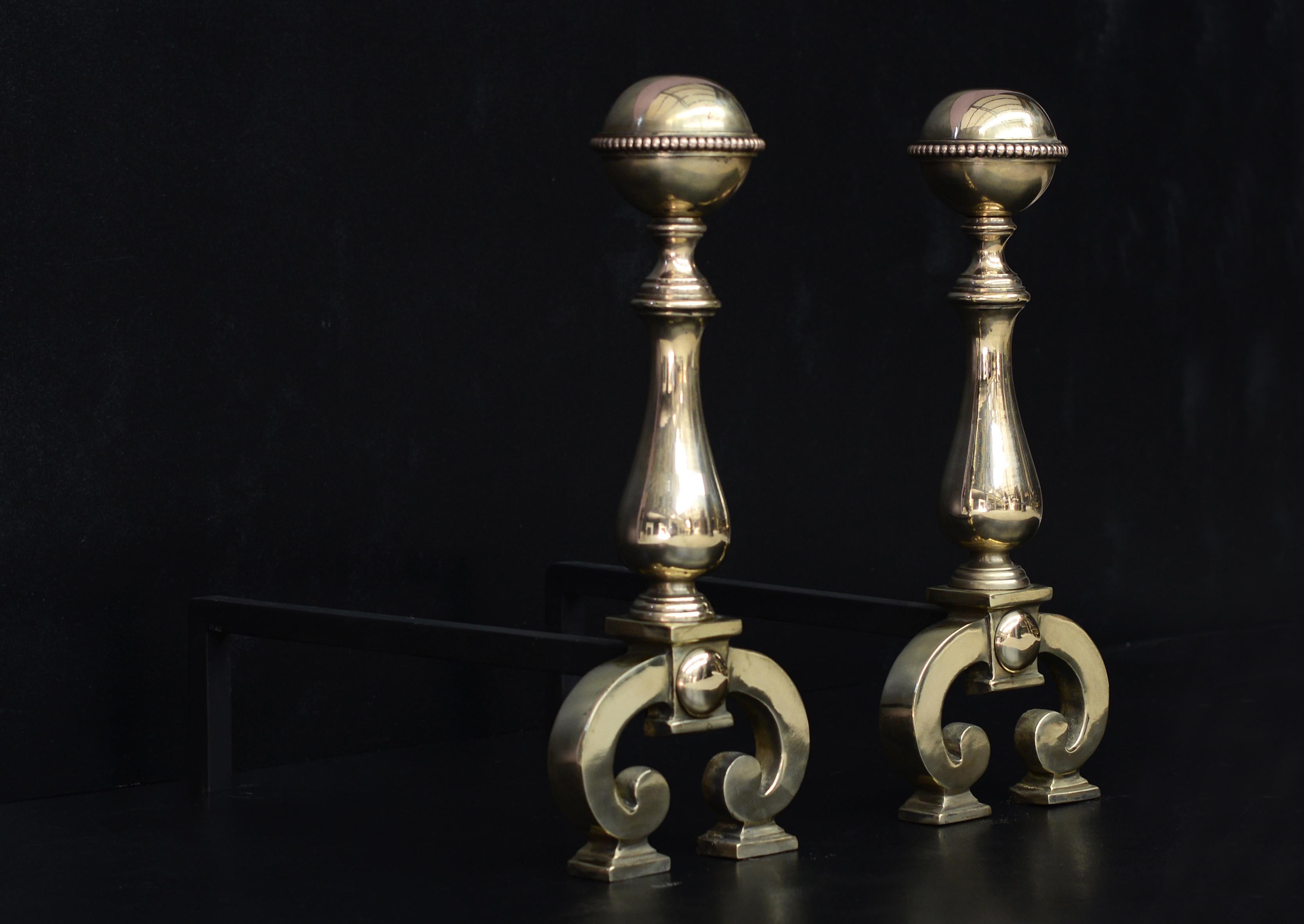 English Pair of Polished Brass Firedogs with Beading to Top