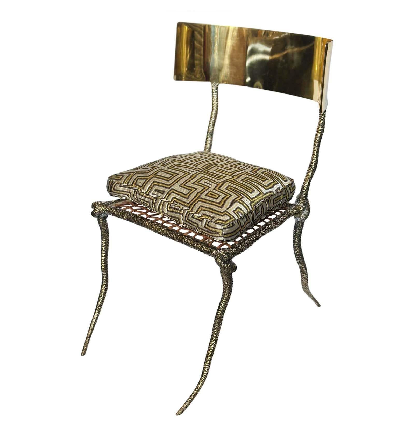 American Pair of Polished Brass Klismos Chairs with Snake Design For Sale