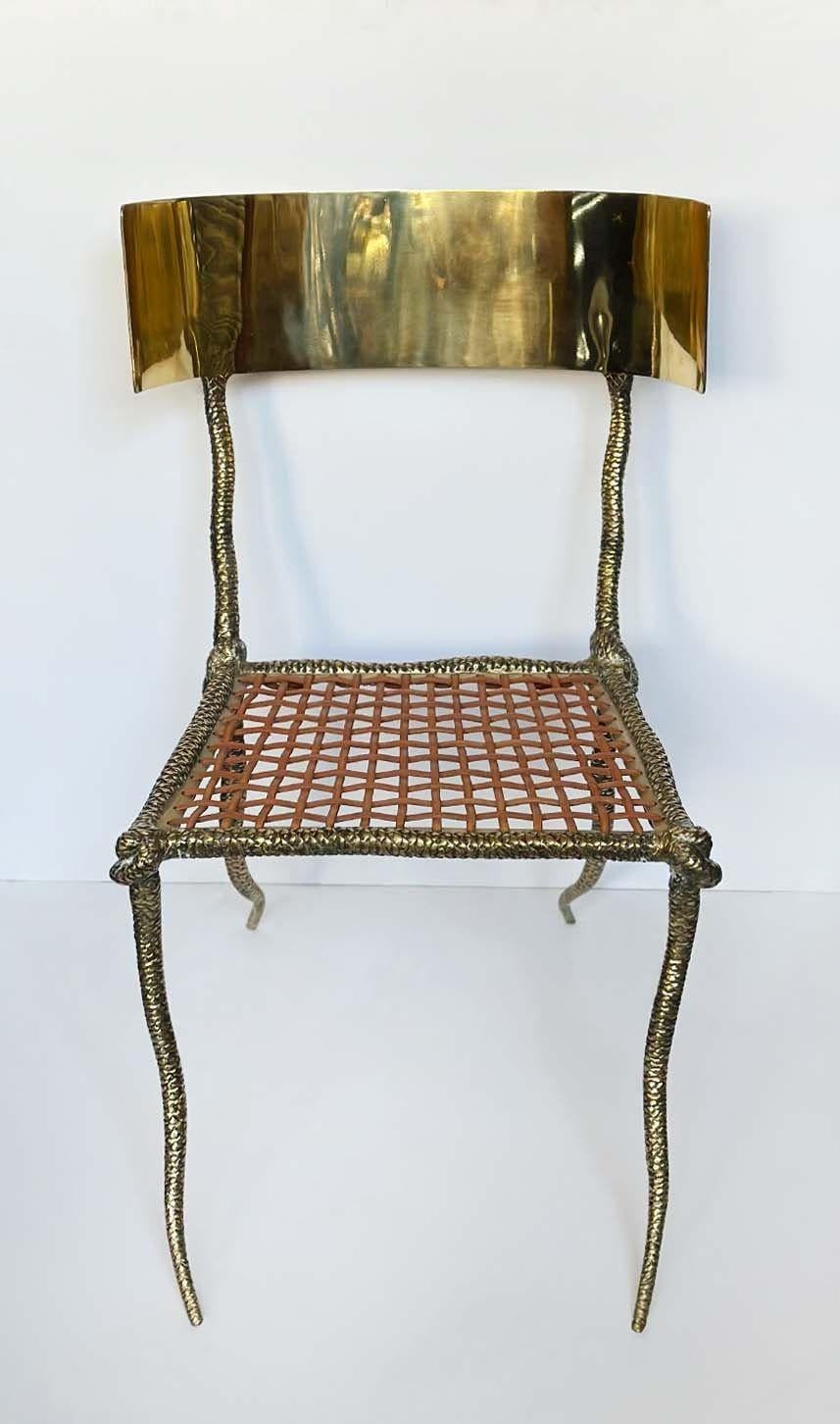 Pair of Polished Brass Klismos Chairs with Snake Design In Good Condition For Sale In Los Angeles, CA