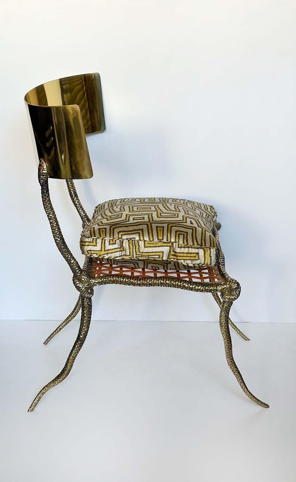 Contemporary Pair of Polished Brass Klismos Chairs with Snake Design For Sale