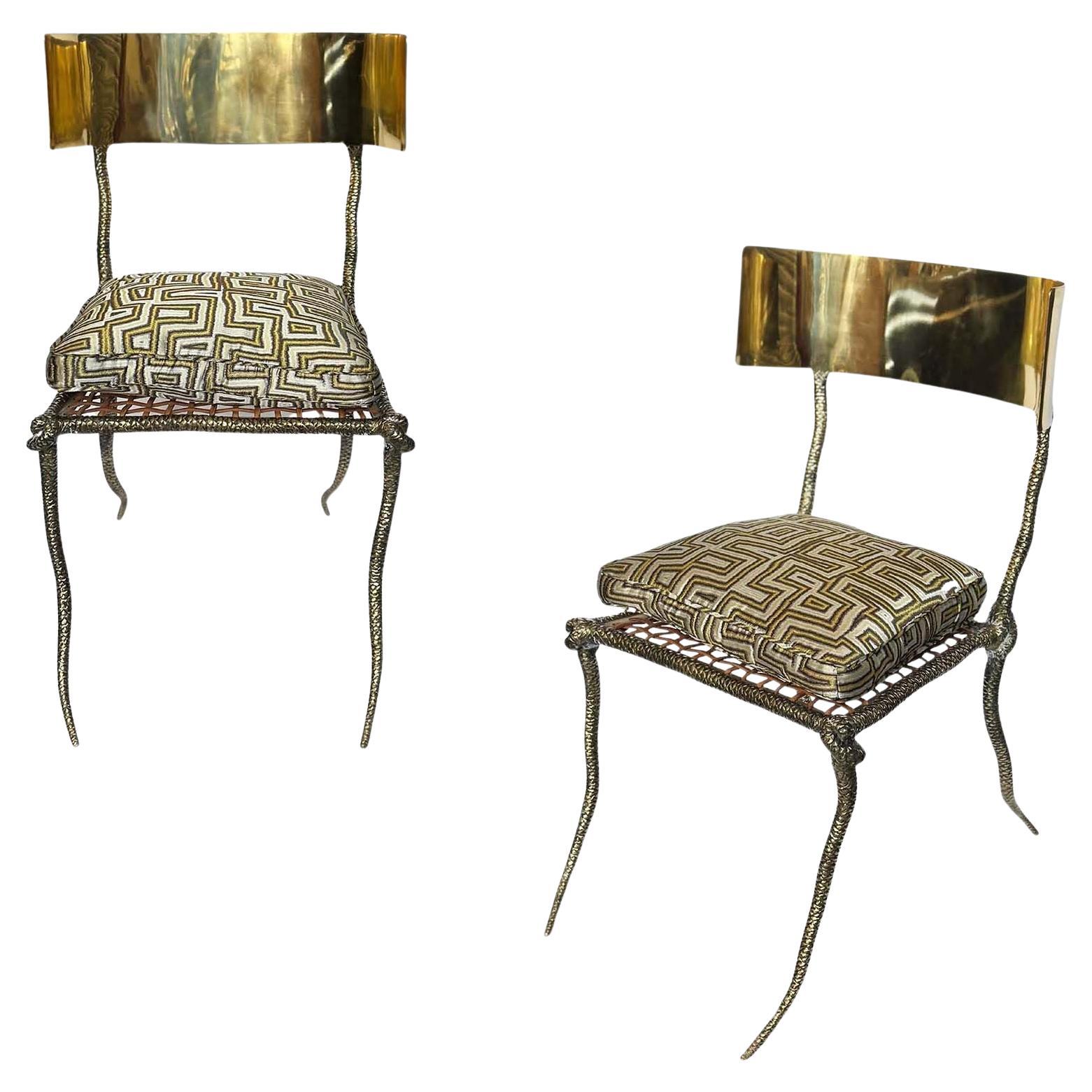 Pair of Polished Brass Klismos Chairs with Snake Design For Sale
