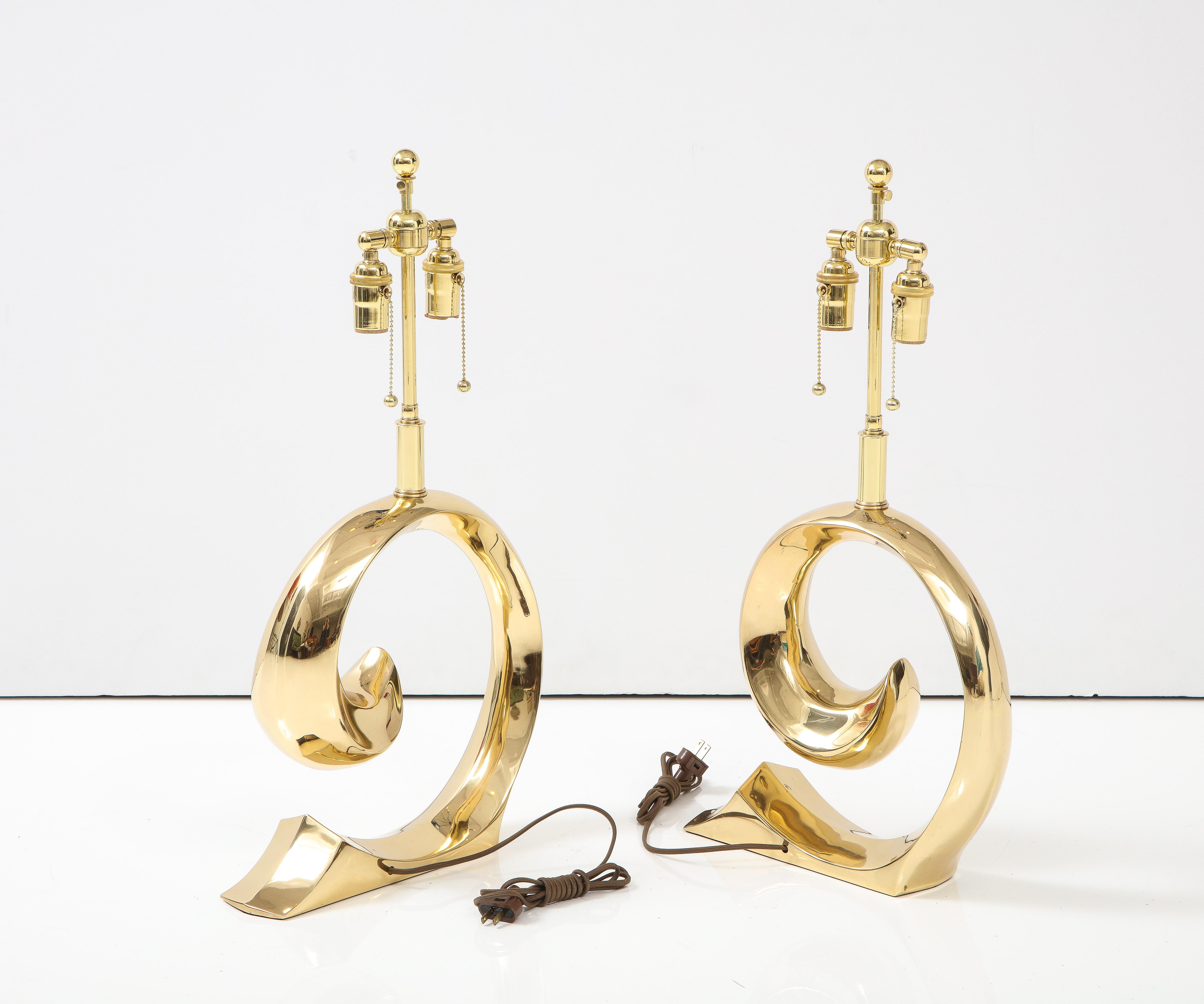 Pair of polished Brass Pierre Cardin Logo Lamps by Erwin Lambeth For Sale 4