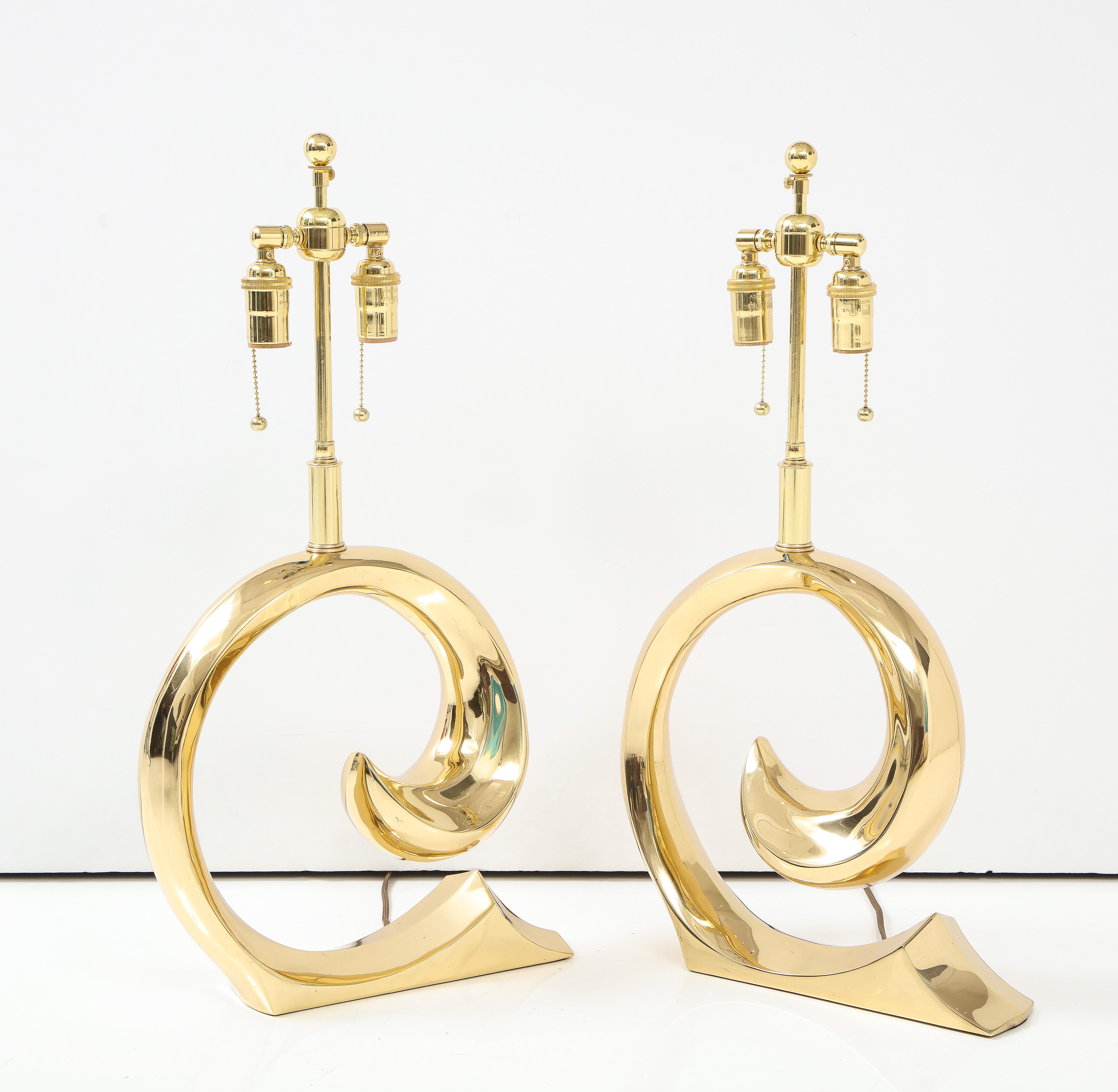 Mid-Century Modern Pair of polished Brass Pierre Cardin Logo Lamps by Erwin Lambeth For Sale