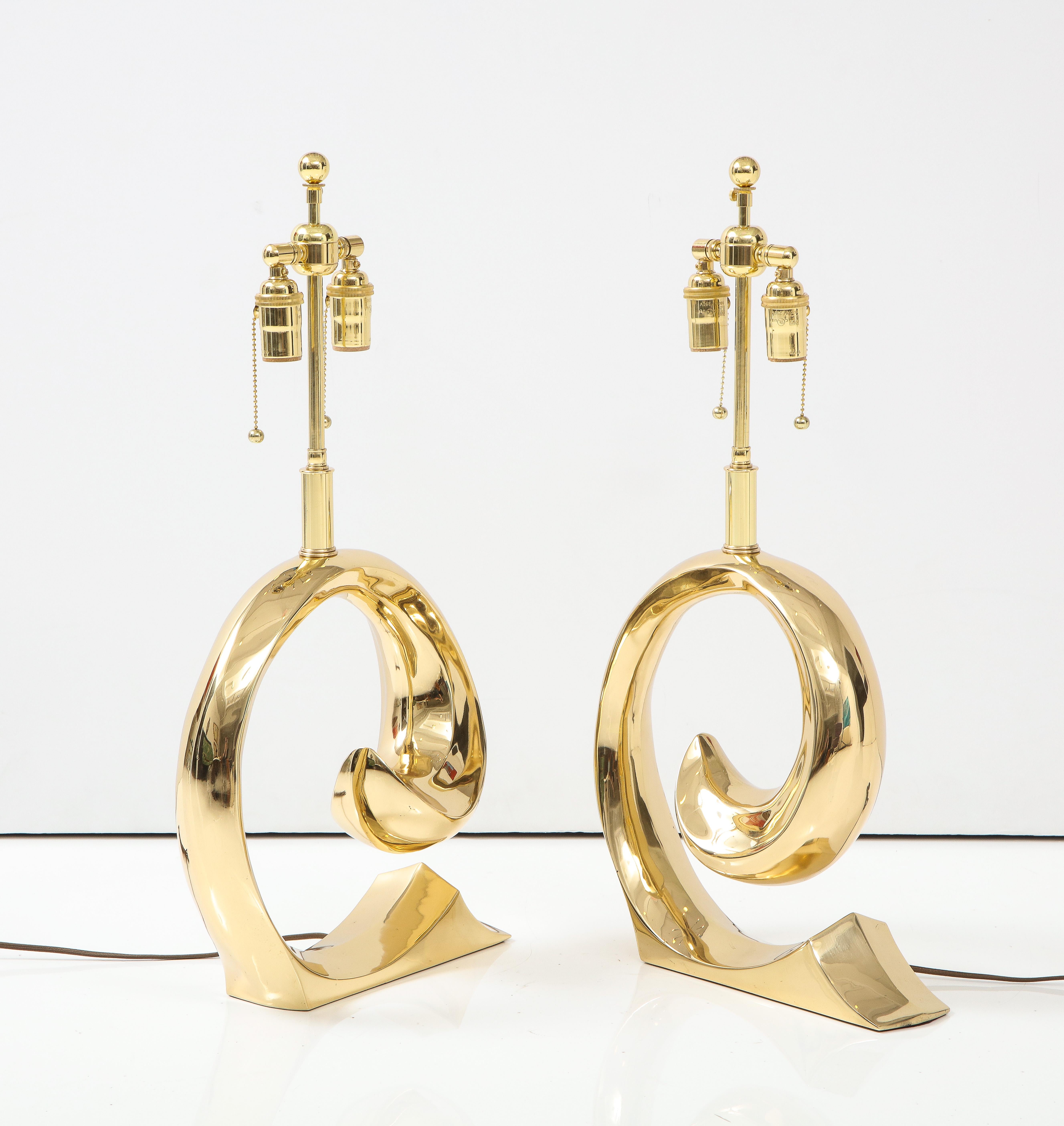 American Pair of polished Brass Pierre Cardin Logo Lamps by Erwin Lambeth For Sale