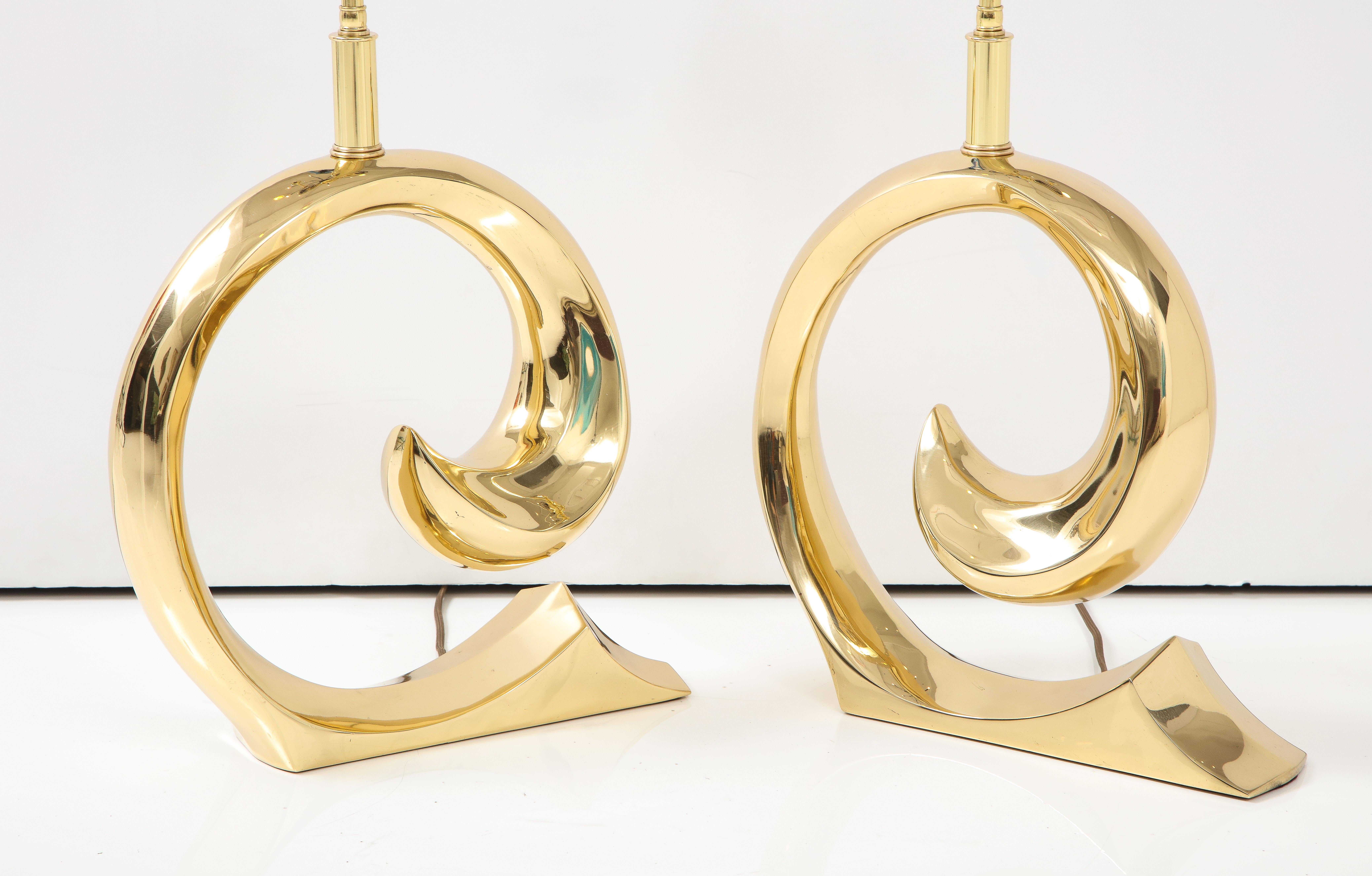 Pair of Polished Brass Pierre Cardin Logo Lamps by Erwin Lambeth In Good Condition For Sale In New York, NY