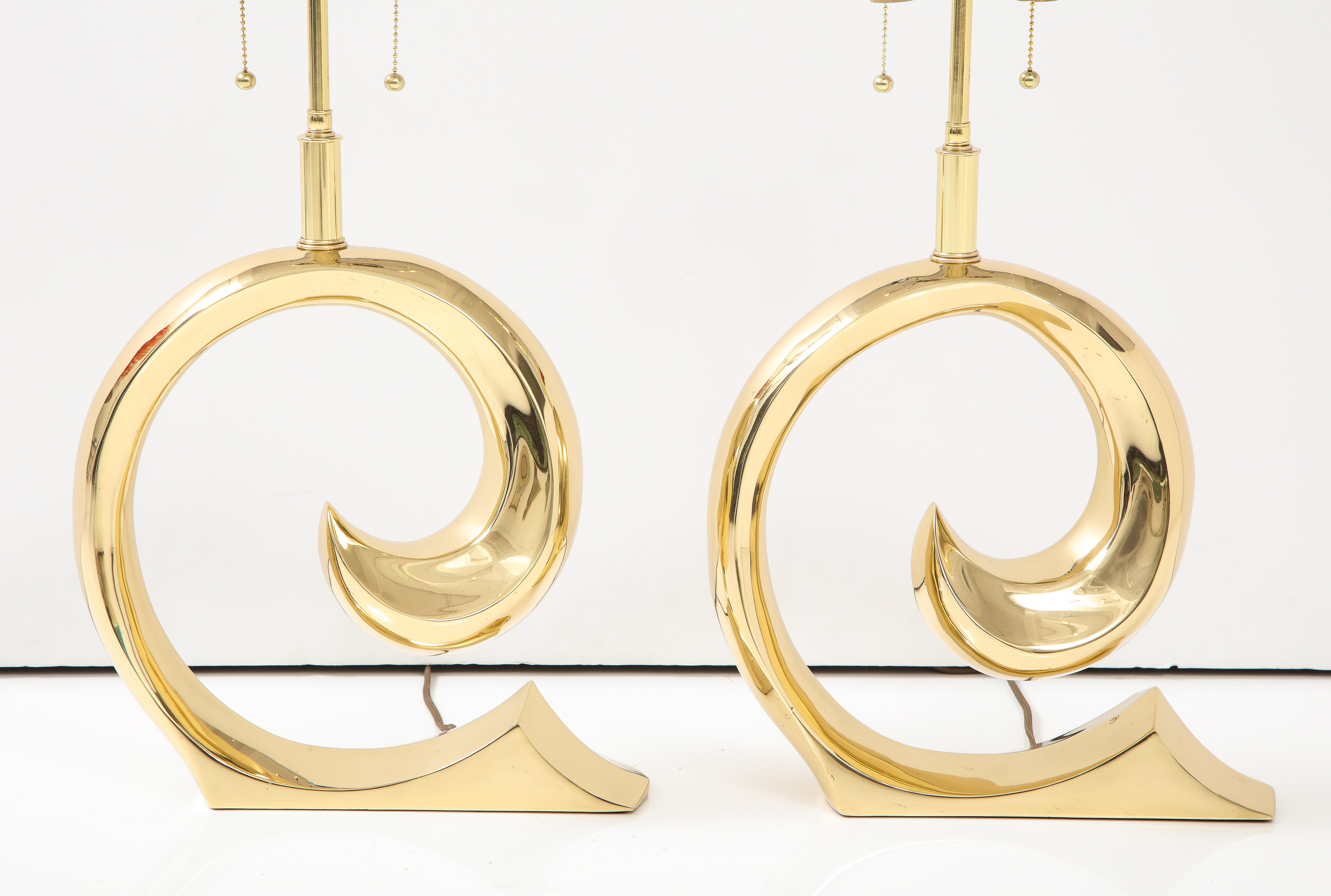 Late 20th Century Pair of polished Brass Pierre Cardin Logo Lamps by Erwin Lambeth For Sale