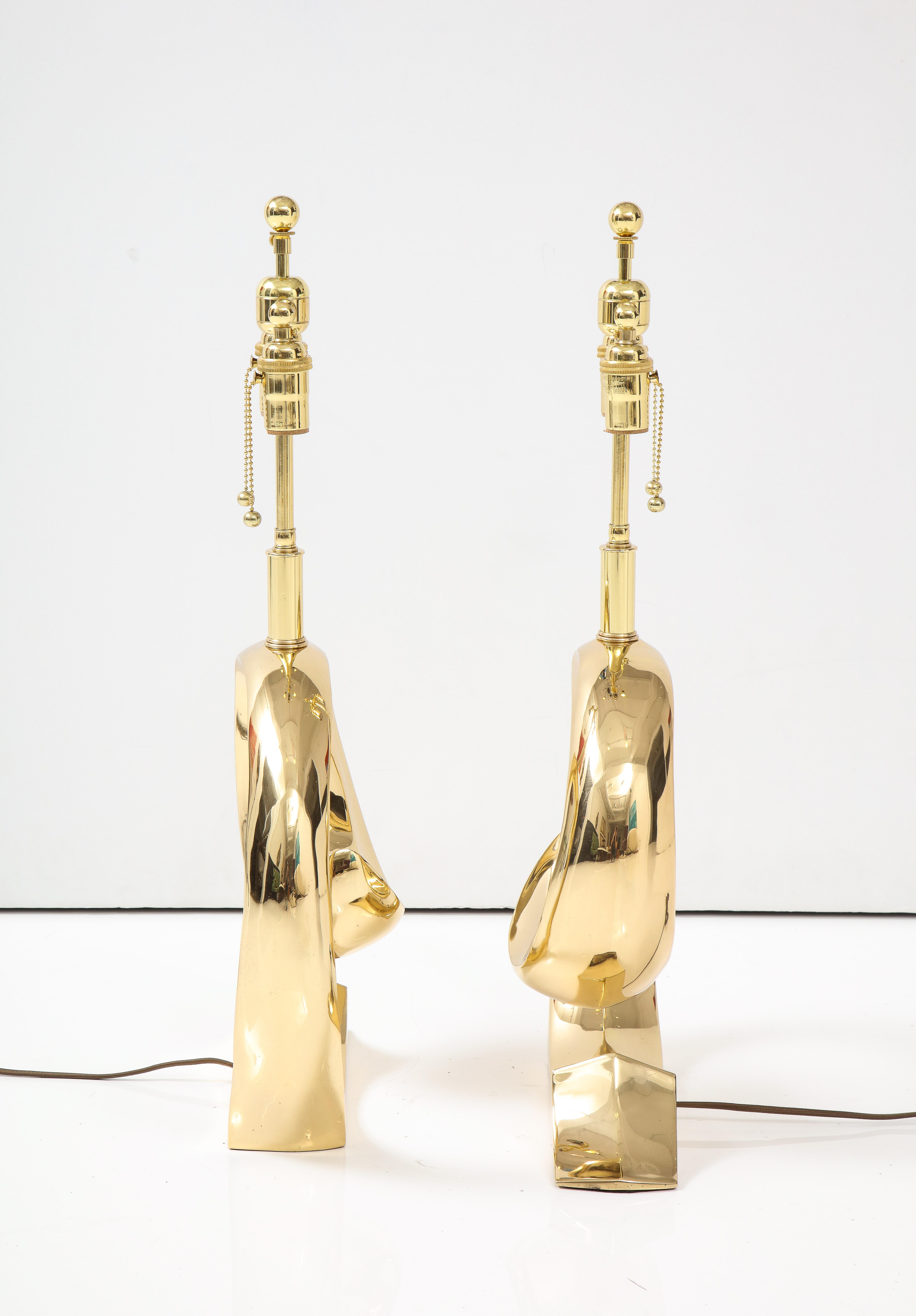 Pair of polished Brass Pierre Cardin Logo Lamps by Erwin Lambeth For Sale 1