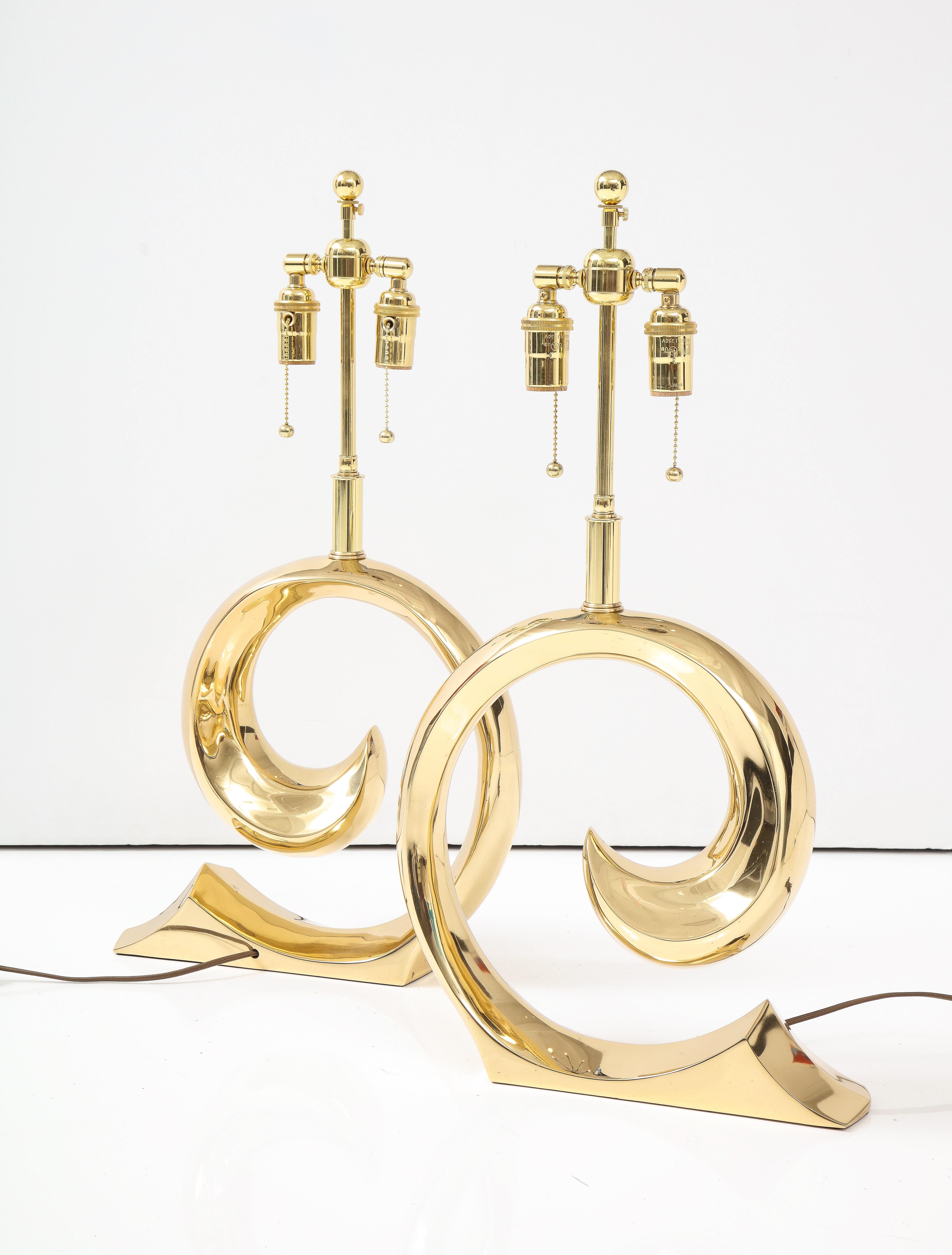 Pair of Polished Brass Pierre Cardin Logo Lamps by Erwin Lambeth 2