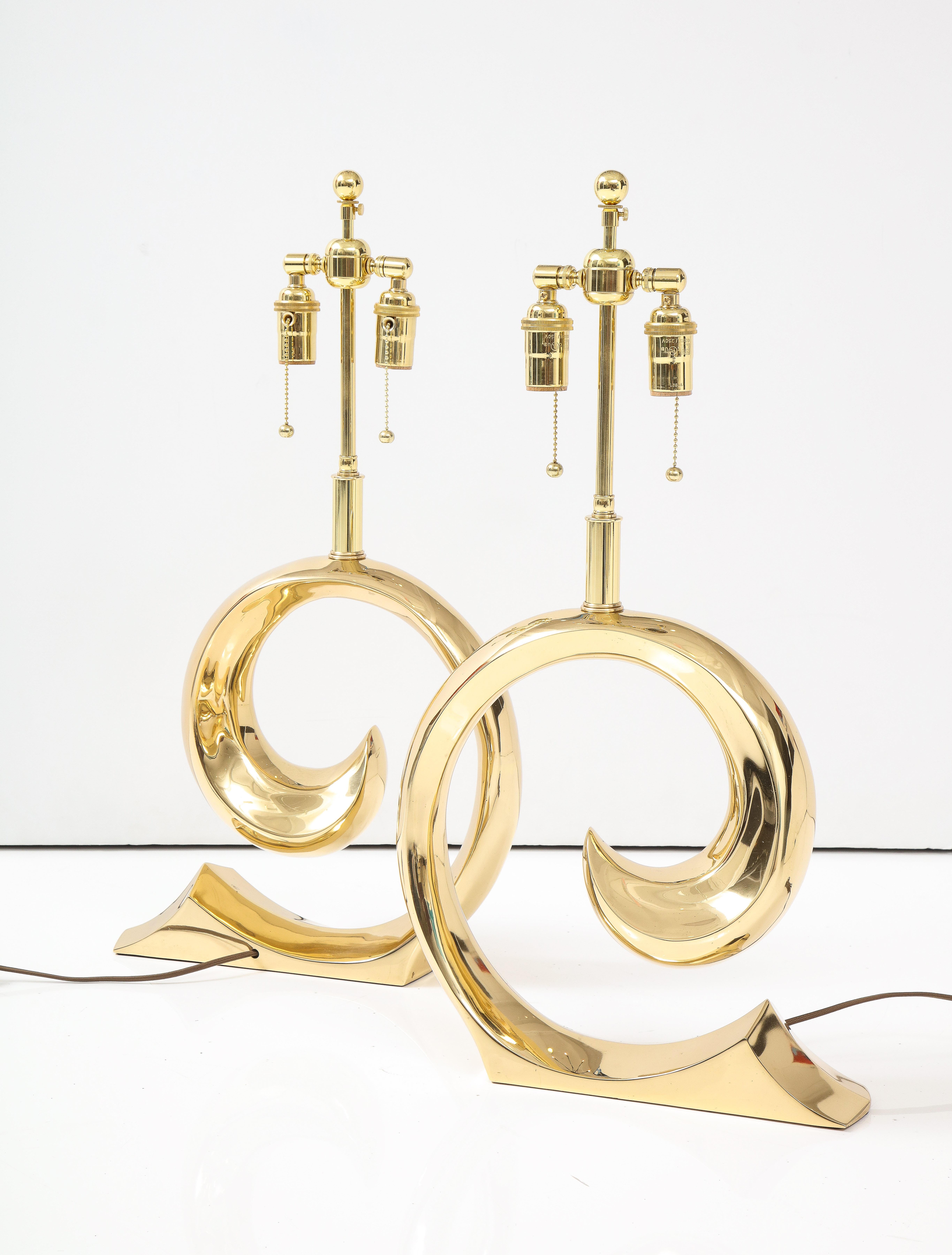 Pair of polished Brass Pierre Cardin Logo Lamps by Erwin Lambeth For Sale 2