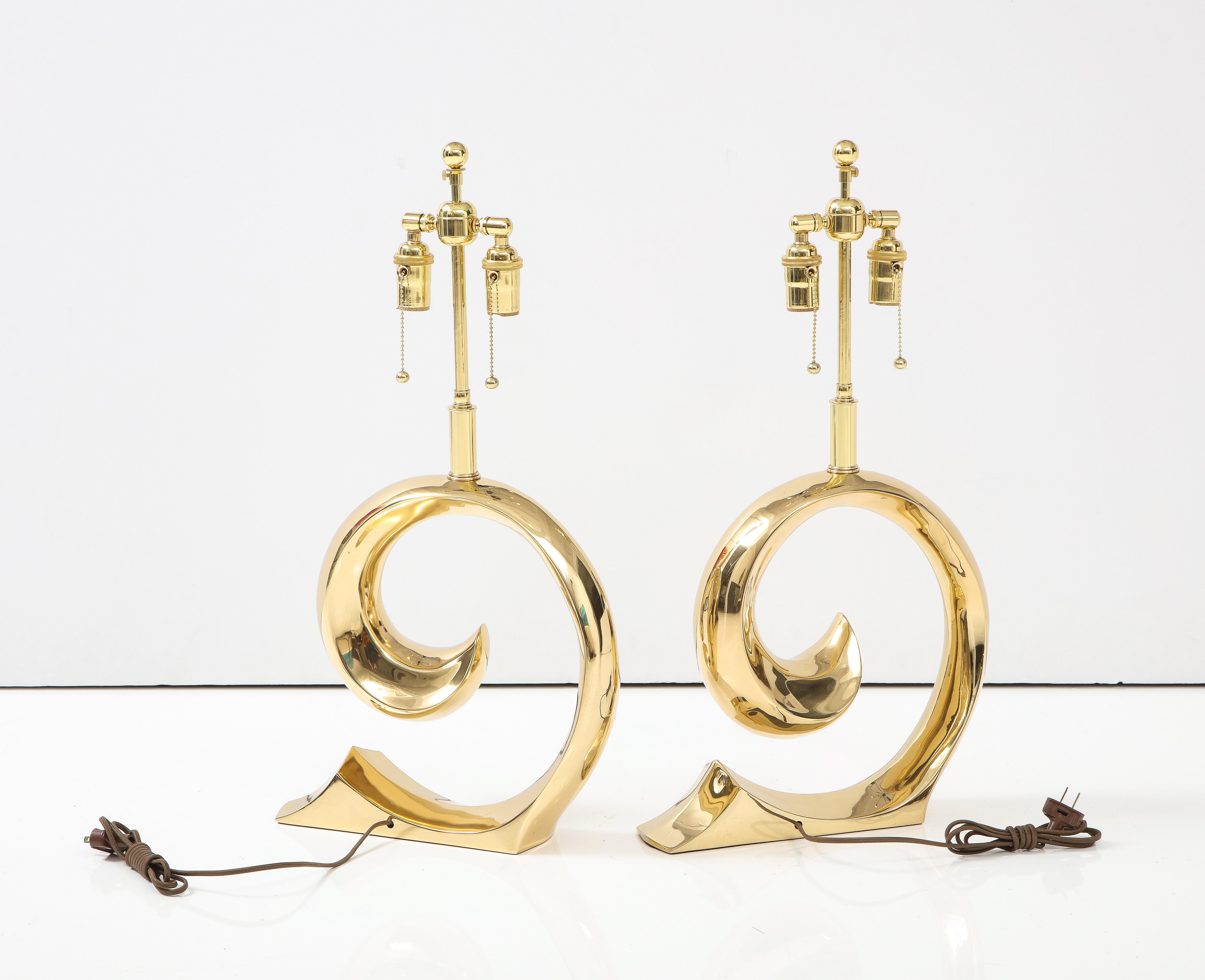 Pair of polished Brass Pierre Cardin Logo Lamps by Erwin Lambeth For Sale 3