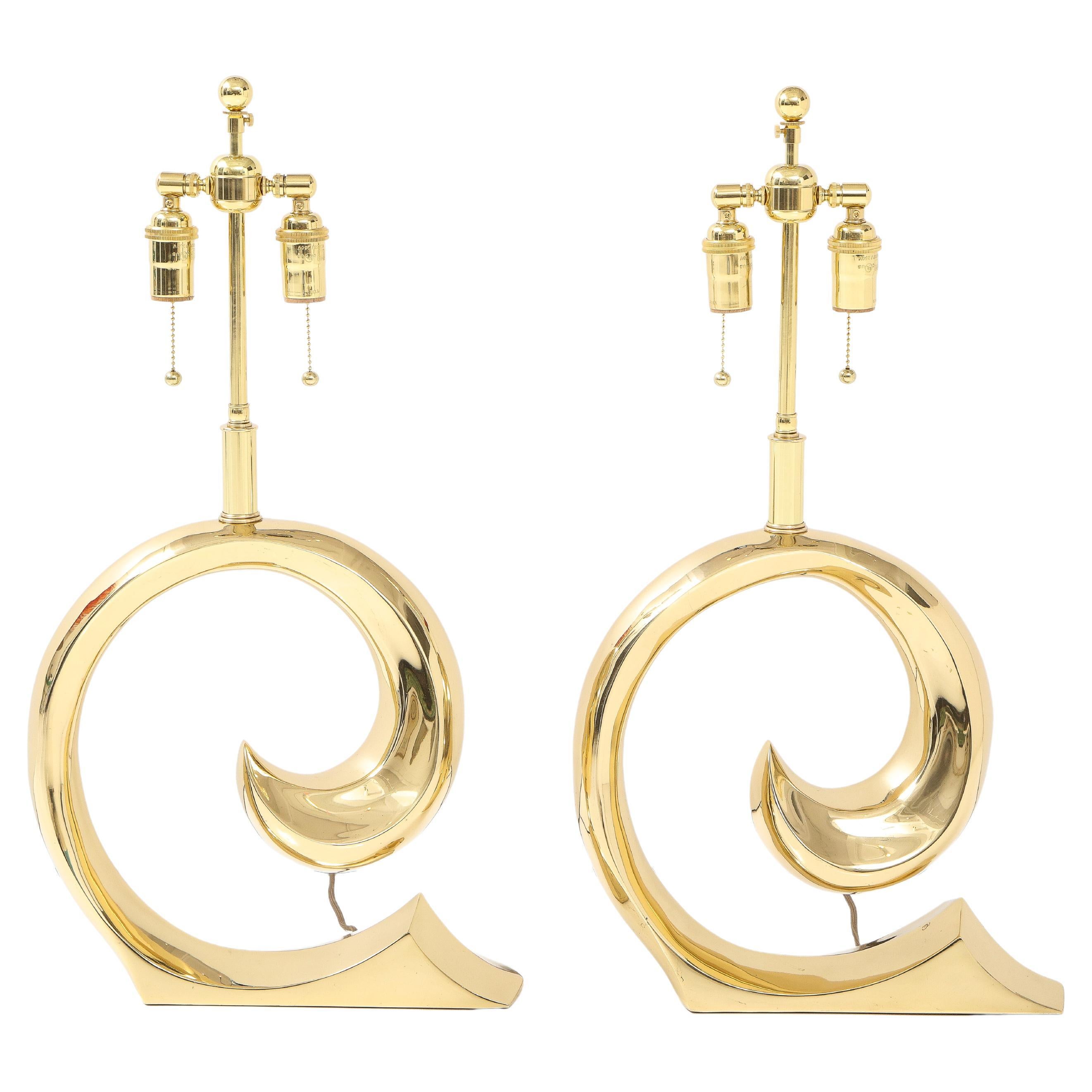 Pair of Polished Brass Pierre Cardin Logo Lamps by Erwin Lambeth