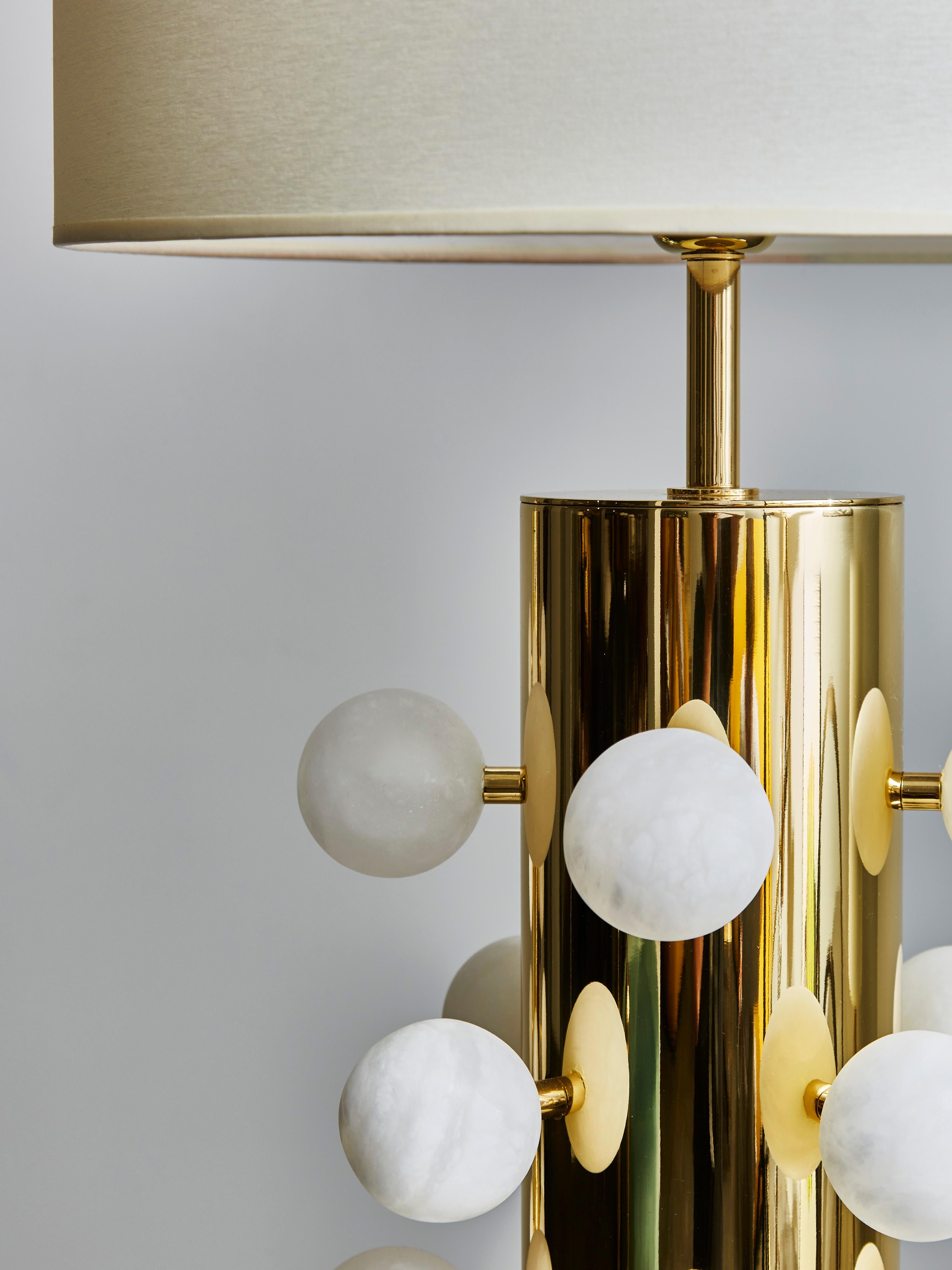 Modern Pair of Polished Brass Table Lamps with Alabaster Spheres